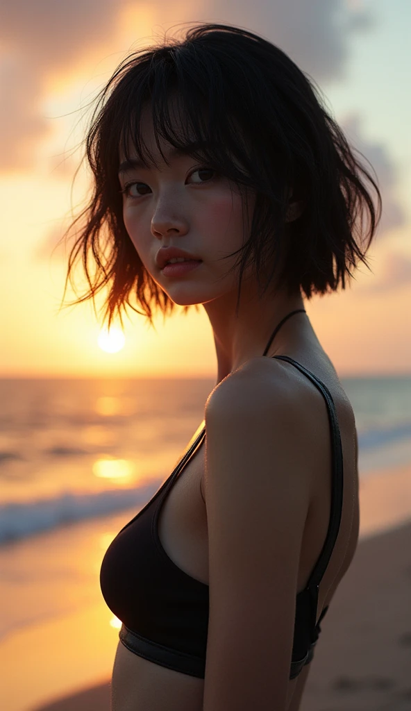 (Hyper Reality: 1.35), (Realistic: 1.4), A beautiful Japanese woman, smile, alone. light makeup, masterpiece, 最high quality, high quality, alone, Very good, puberty, Only one girl, Well-trained slim body, muscular, slim body, breasts apart, (最high quality)),((Very delicate and beautiful)),((Very shallow depth of field)), ((Incredibly shallow depth of field)). family friendly, ((Very delicate and beautiful)), (((Very shallow depth of field))), (((Unbelievably absurd))), dark brown hair, blowing boyish bob hair, shag messy hair, wolf cut, big hair, windで揺れる髪, Slim body type, ((( Camera Eye)))), (((small ))), Looks like a salon model, Cool face, Neutral facial features,(ecstasy:1.3) ,(slut:1.2),(vulgarity:1.3),(fucked silly:1.1),(steam:1.1),(Wet:0.8),(trembling:0.8),(tears:0.7) ,(drooling:0.6),(sweat:0.8),open mouth, poor, my + background, Dynamic Angle, Focus on women, {Particles of light}, Detailed background, Soft lighting, (dramatic), sunset, very beautiful sunset, Live Action, Realistic, (blurred background), 15 years old, (((wind))), ((Movement)), ((emotion)), ((colorful)), ((Baby Face)), Wither, sea background, No makeup, high neck, Sleeveless, latex, turtleneck, (((whole body))),