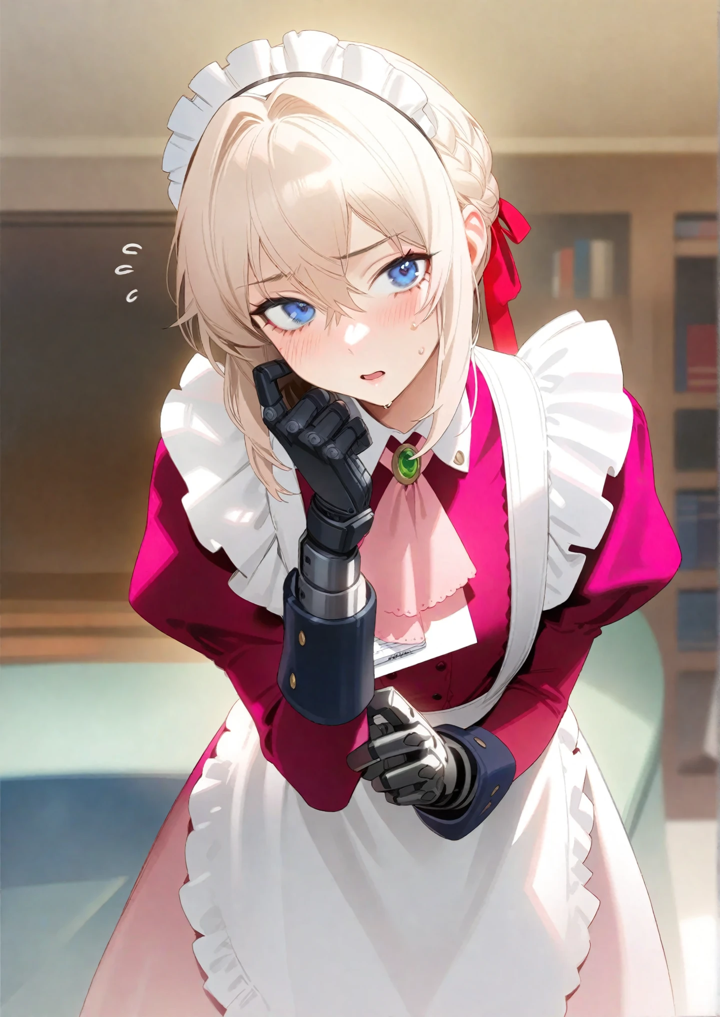 1girl, 
violet evergarden, violet evergarden \(series\), 
kfr, ohisashiburi, sho \(sho lwlw\), ask \(askzy\), 
imizu , nitro unknown, blush, embarrassed, looking at viewer, open mouth, solo, sweatdrop, brooch, ribbon, single mechanical hand, juliet sleeves, red ribbon, long sleeves, neck ribbon, braid, mechanical hands, blackletter, dress, frilled apron, alternate hairstyle, pink dress, blurry background, ascot, jewelry, tucking hair, pink ribbon, flying sweatdrops, enmaided, indoors, looking to the side, hair ribbon, apron, mechanical arms, white hairband, long hair, frills, sweat, alternate costume, nervous sweating, hairband, maid apron, maid, blurry, white hair, blue eyes, prosthetic hand, single braid, hair between eyes, prosthesis, flying, prosthetic arm, raised eyebrow, pink ascot, nervous, notepad, leaning to the side, puffy sleeves, curtsey, maid headdress, parted lips, 
masterpiece, best quality, newest, absurdres, highres, sensitive