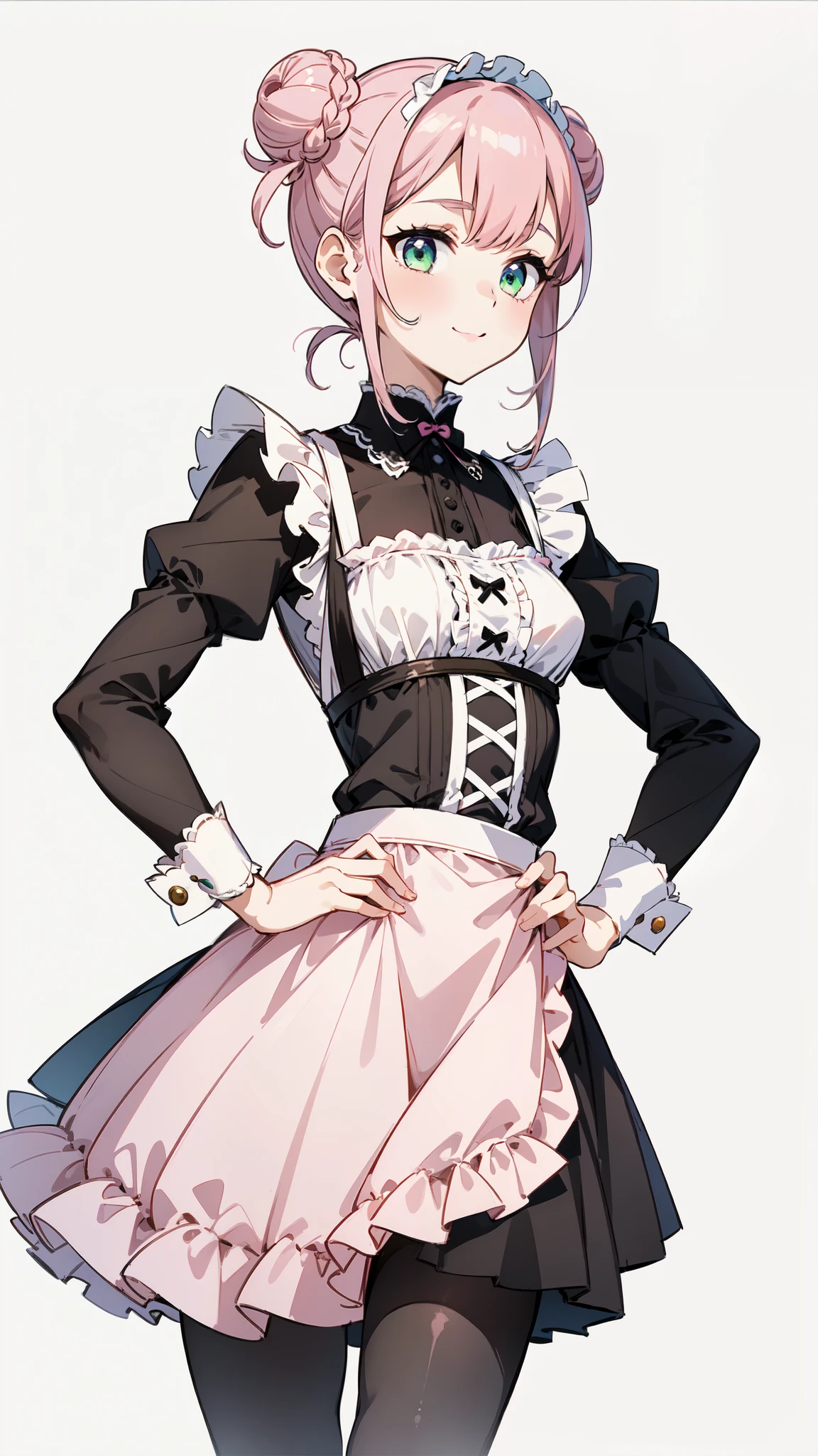 (masterpiece, best quality, ultra high quality, 1girl, solo, young), (double bun hairstyle), (((strawberry milk pink hair))), (Olive Green eyes), (small breasts), (neutral), kind smile, onee-chan, (wearing a victorian white dress), (maid), (victorian dress), (apron), (leggings), (black pantyhose), (upper body close up), standing, close-up, hands on hips, detailed hands, white background, simple background, 