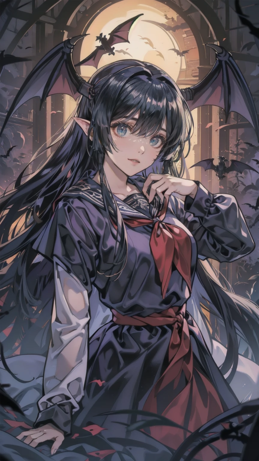 1girl, vampire, (sharp fangs:1.3), gothic setting, deep cave surrounded by swarming bats above, dark and mysterious, (masterpiece:1.3), (best quality:1.1), (4K UHD), long flowing hair, dark cloak partially concealing face, hiding behind cloak under the moonlight, eerie nighttime environment, intricate and elaborate clothing design, clawed "paw" pose, intense and haunting expression, dim and shadowy lighting, mystical fog rolling through the cave, a chilling yet alluring aura,hallow,nitz,