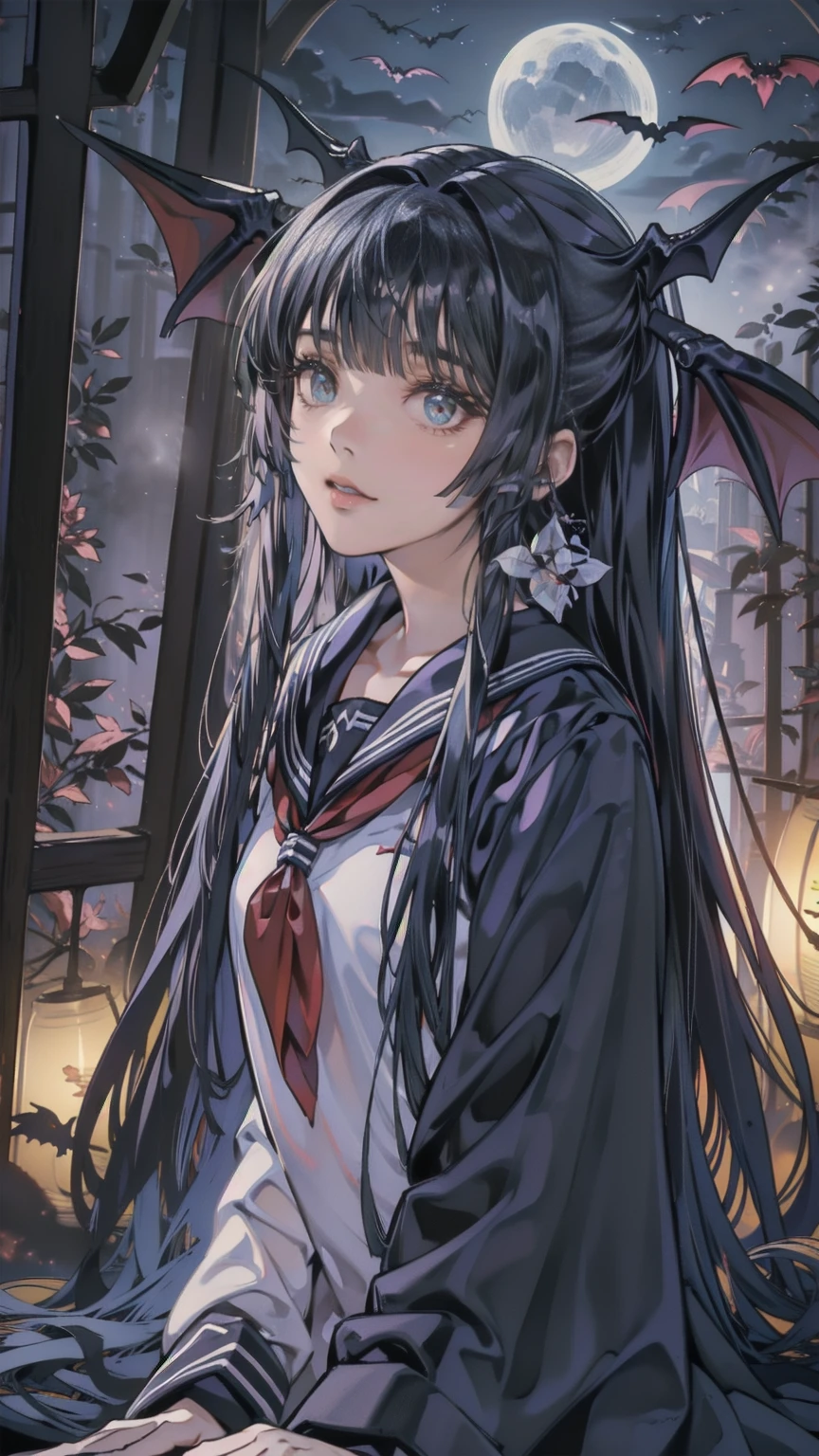 1girl, vampire, (sharp fangs:1.3), gothic setting, deep cave surrounded by swarming bats above, dark and mysterious, (masterpiece:1.3), (best quality:1.1), (4K UHD), long flowing hair, dark cloak partially concealing face, hiding behind cloak under the moonlight, eerie nighttime environment, intricate and elaborate clothing design, clawed "paw" pose, intense and haunting expression, dim and shadowy lighting, mystical fog rolling through the cave, a chilling yet alluring aura,hallow,nitz,