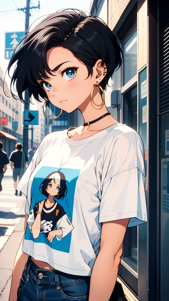 Beautiful girl with short black hair, hoop earrings in her ear, print t-shirt, 90s anime style, vintage style, Shinichiro Watanabe, cinematic angle,