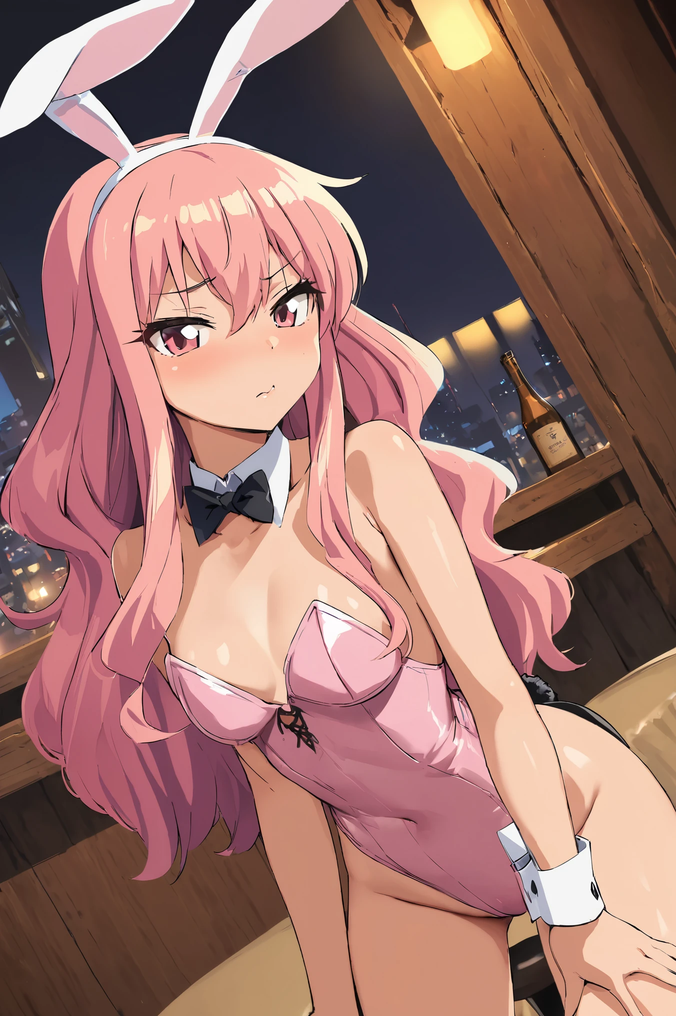 NSFW,masterpiece,Best Quality, high definition, very detailed,Louise Françoise Le Brun de La Valliere \(The Familiar of Zero\),Pink Eyes、Pink Hair,Long Hair, hair between eyes ,Small breasts,see-through playboy bunny,Night bar,(Prostitute)