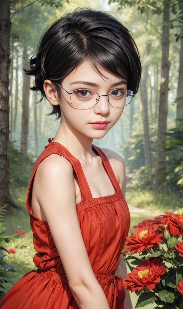 masterpiece, best quality, (realistic,photo-realistic:1.4), (RAW photo:1.2), extremely detailed CG unity 8k wallpaper, delicate and beautiful, amazing,finely detail, official art, absurdres, incredibly absurdres, huge filesize, ultra-detailed,extremely detailed eyes and face,light on face,(little smile),(wearing black framed glasses:1.5),sarada,(black hair:1.4),(very short hair:1.4),(wearing dress:1.5),(nature background:1.4)