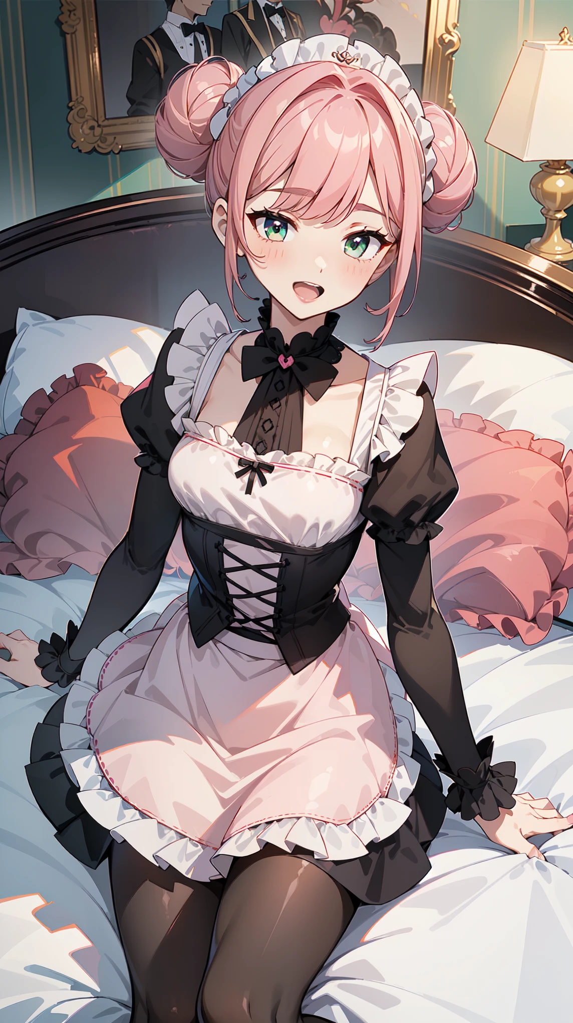 (masterpiece, best quality, ultra high quality, 1girl, solo), (((성숙한 25세 여성))), (((small face))), (((She has good body proportions.))), (double bun hairstyle), (((strawberry milk pink hair))), (Olive Green eyes), (small breasts), (neutral), onee-chan, (wearing a victorian white dress), (maid), (victorian dress), (apron), (leggings), (black pantyhose), detailed hands, (The peaceful country mansion), (She is lying on the bed in the bedroom.), (looking at viewer), (Shameful face), (turn red face), (open mouth), (smile)