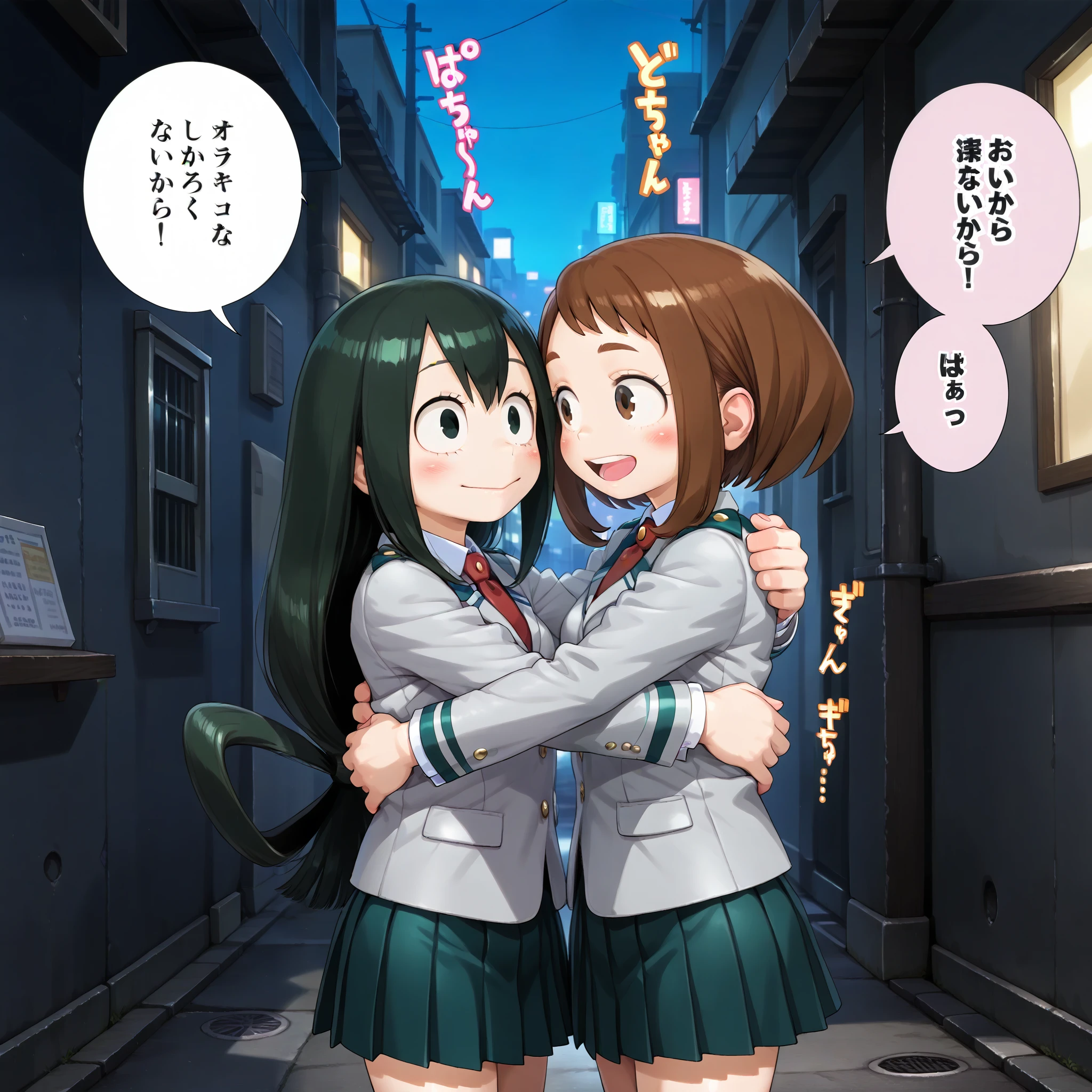 2girls, uraraka ochako, asui tsuyu, u.a. school uniform, official costume, happy, hug, cowboy shot, dynamic angle, (speech bubble, sound effects:1.3) outdoors, night, low light, neon, darkness, city street, alley, shaded, general, 