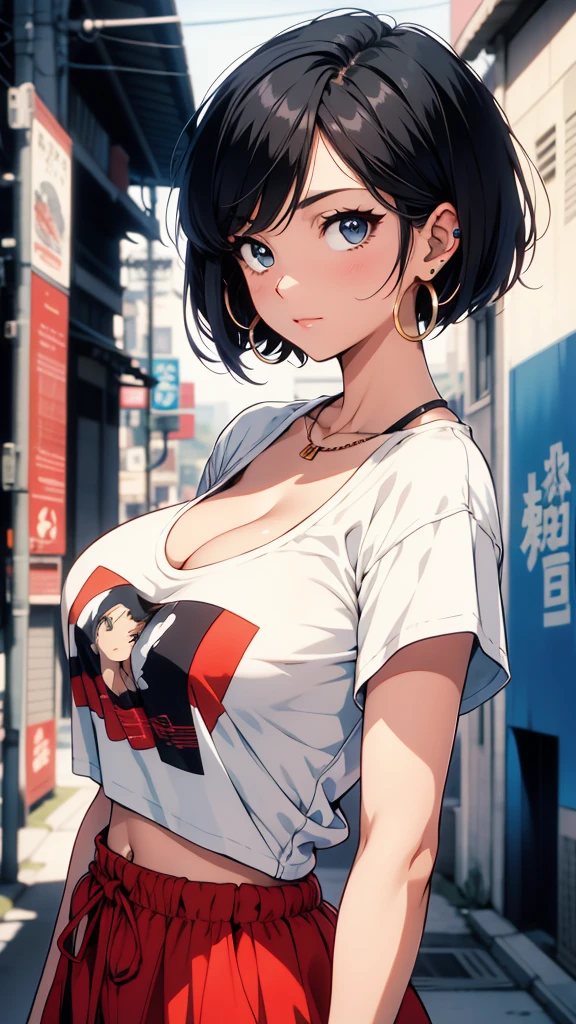 Beautiful girl ,short black hair, hoop earrings in her ear, print t-shirt, 90s anime style, vintage style, Shinichiro Watanabe, cinematic angle,bob hair cut ,big saggy breasts, Cleavage 