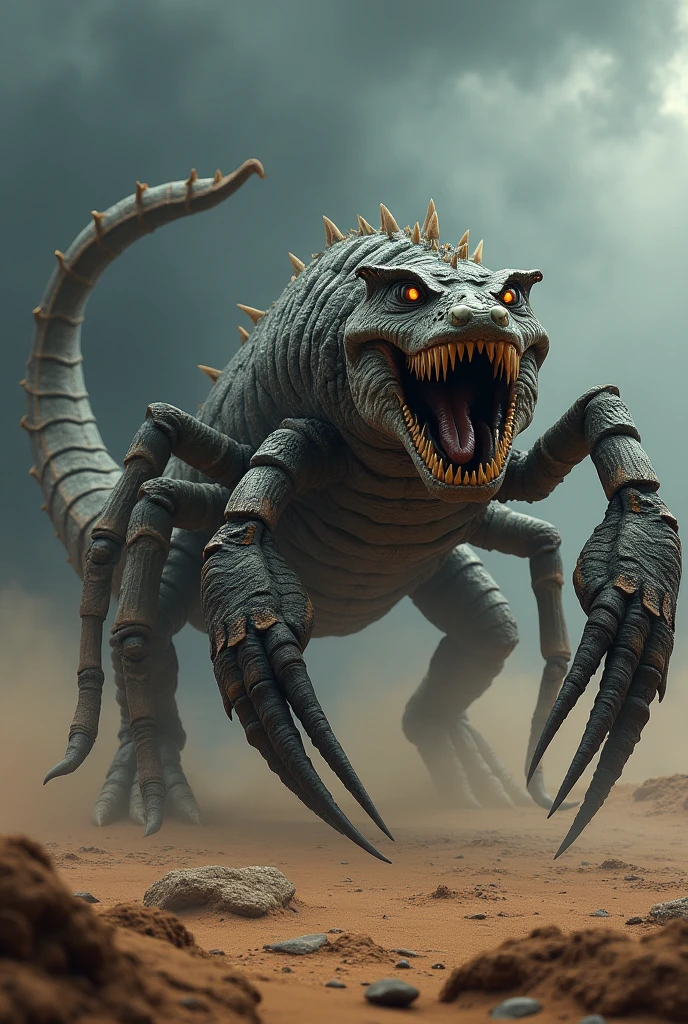 A giant hybrid creature that combines the features of a scorpion and a crocodile. This monstrous animal has the powerful, scaly body and muscular legs of a crocodile, covered with a tough, armored exoskeleton similar to a scorpion's shell. Its tail is long and segmented like a scorpion’s, ending in a massive, venomous stinger poised to strike. The creature’s head is a terrifying mix of a crocodile's powerful jaws and a scorpion’s segmented, armored face, with glowing, predatory eyes. Sharp claws extend from each limb, and its mouth opens to reveal rows of sharp teeth. Set in a dark desert landscape with a stormy sky, this creature exudes danger and primal power.