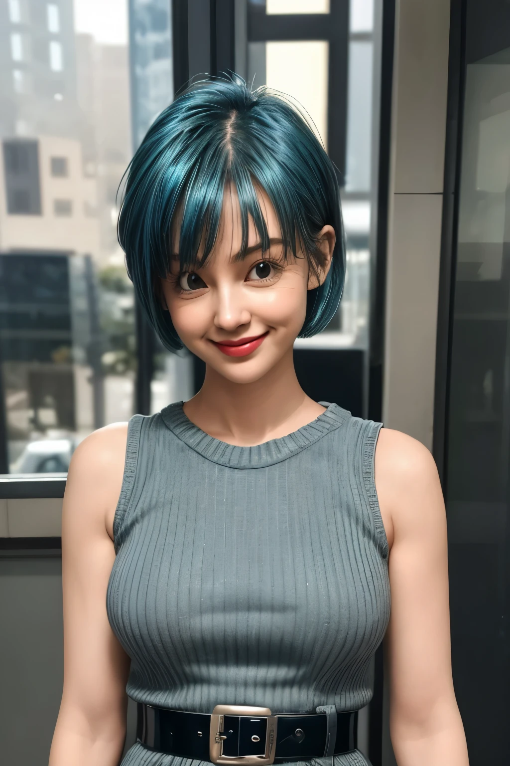 Generate a realistic image of a young woman with blue hair styled in a short, chic bob haircut, framing her face. She has large, expressive eyes, with a lively and intelligent expression, light skin, and a soft, slightly mischievous smile. She is wearing a sleek, modern outfit with a high-tech feel—think a fitted, sleeveless top with some utility-style elements, such as a belt or gloves, and a slight military or adventurous vibe. The setting is clean and futuristic. High detail and natural lighting for a lifelike effect.