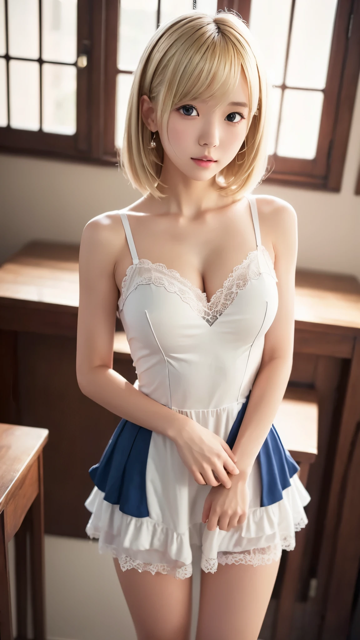 1girl, blue and white frill dress, (white stockings), (blond hair:1.5), indoor,full body ,

BREAK,
(((Anatomically correct,perfect anatomy))),
(1girl,solo), (yuichan:1.3), petite, Fine clavicle, neat and cute girl, japanese cute girl, beautiful detailed eyes, layered hair, fluffy hair, short hair, bangs, glossy lips, (Fine Face),(Fine Eyes), (Clear Face), (Detailed Face Description), (Detailed Hand Description), Realistic, Extreme Light and Shadow, Shiny Skin,Shiny Hair, BREAK, absurdres, (16K, UHD, Top Quality, Masterpiece: 1.2),(Realistic, Photorealistic: 1.37), Physically Based Rendering,Professional Lighting, Photon Mapping, Masterpiece, Rich Detail, Ultra Detailed, Super detailed, highest quality, intricate details, ultra high resolution, (realistic:1.2),
