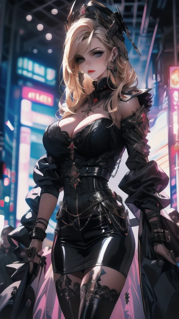 a goth picture of Barbie as a gothic queen (best details, Masterpiece, best quality :1.5), ultra detailed face (best details, Masterpiece, best quality :1.5), ultra feminine (best details, Masterpiece, best quality :1.5), wearing latex black mini dress, black stockings, pink high heels, long braided hair, hair pulled back, blond hair, dynamic goth background (best details, Masterpiece, best quality :1.5), ultra best realistic pictures , best details, best quality, 16k, [ultra detailed], masterpiece, best quality, (extremely detailed), ultra wide shot, photorealism, depth of field, hyper realistic painting