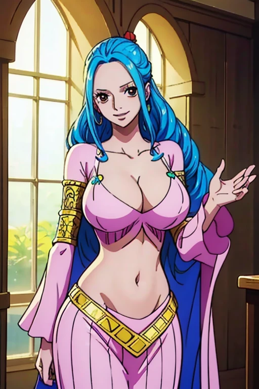 ( masterpiece,Best Quality, 4K, 8k,  high definition, masterpiece:1.2), Super detailed, (Realistic, photoRealistic, photo-Realistic:1.37) ,Generate an anime style for Nefertari Bibi in One Piece, must be made in an anime style ,Her hair is bright light blue , Beautiful Hair, Beautiful Hair型,Braiding, beautiful details in her eyes , (Realisticな肌),Beautiful Skin, Beautiful lipstick,Beautiful Lips, Charming,smile,beautiful brown eyes, real faces using AI technology ,Exposing your belly,Wet bare skin, looking at the camera,(water mist 1.2),sea,アートスタイルはCharmingなアニメスタイルに似ている, rendering, Added HDR to enhance visual effects, 超 high definition,  studio lighting,  ultra-fine painting, Sharp focus, 物理ベースrendering, professional,  vibrant colors,(((Best Quality))), ((Super detailed)),((masterpiece:1.5)), Detailed Photos, (Best Quality: 1.4), 超 high definition, High image quality,Perfect fingers,Perfect limbs,Perfect Fingers 