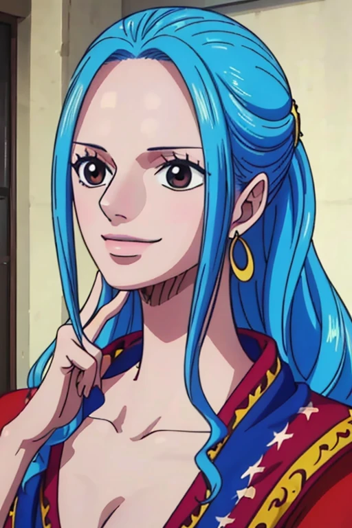 ( masterpiece,Best Quality, 4K, 8k,  high definition, masterpiece:1.2), Super detailed, (Realistic, photoRealistic, photo-Realistic:1.37) ,Generate an anime style for Nefertari Bibi in One Piece, must be made in an anime style ,Her hair is bright light blue , Beautiful Hair, Beautiful Hair型,Braiding, beautiful details in her eyes , (Realisticな肌),Beautiful Skin, Beautiful lipstick,Beautiful Lips, Charming,smile,beautiful brown eyes, real faces using AI technology ,Exposing your belly,Wet bare skin, looking at the camera,(water mist 1.2),sea,アートスタイルはCharmingなアニメスタイルに似ている, rendering, Added HDR to enhance visual effects, 超 high definition,  studio lighting,  ultra-fine painting, Sharp focus, 物理ベースrendering, professional,  vibrant colors,(((Best Quality))), ((Super detailed)),((masterpiece:1.5)), Detailed Photos, (Best Quality: 1.4), 超 high definition, High image quality,Perfect fingers,Perfect limbs,Perfect Fingers 