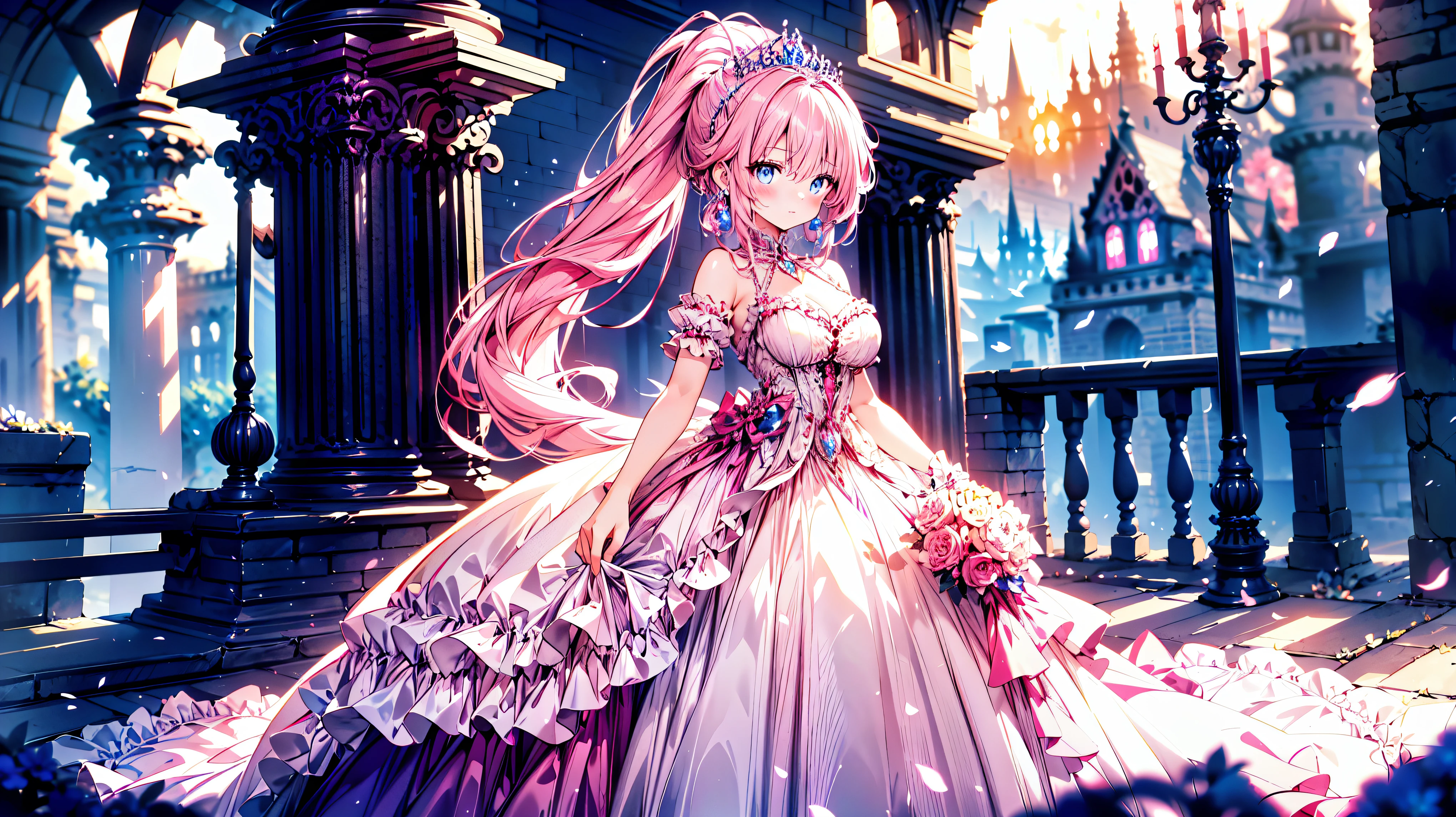 ((Superbly detailed drawing, ultra detailed, exquisite quality, absolutely resolution)), ultra luxurious rococo victorian gown, huge hoop skirt with volume and expanse, princess style skirt with long hems, extremely complex and difficult understand structure, and ultra multi structured ruffles at ultra detailed and beautiful, finest gown,  
BREAK 
(((hair pink hair))), ((fluffy long ponytail)), super voluminous long expressive, asymmetrical bangs, tiara, huge breasts, shy smile, super detailed skin, super delicate and beautiful face, kawaii face, hyper detail face, 
BREAK 
 (eyes blue eyes), (blurry background:1.5), (depth of field), backlighting, caustics, ((fog, fantasy castle)), (dynamic angle:1.3), amazing digital paint, anime moe art style, magnificent panorama view, 
BREAK 
 (((young face solo princess))), ((looking at viewer, looking up, from above, leaning forward, from front view)), (((arms behind back))), ((full body)), 