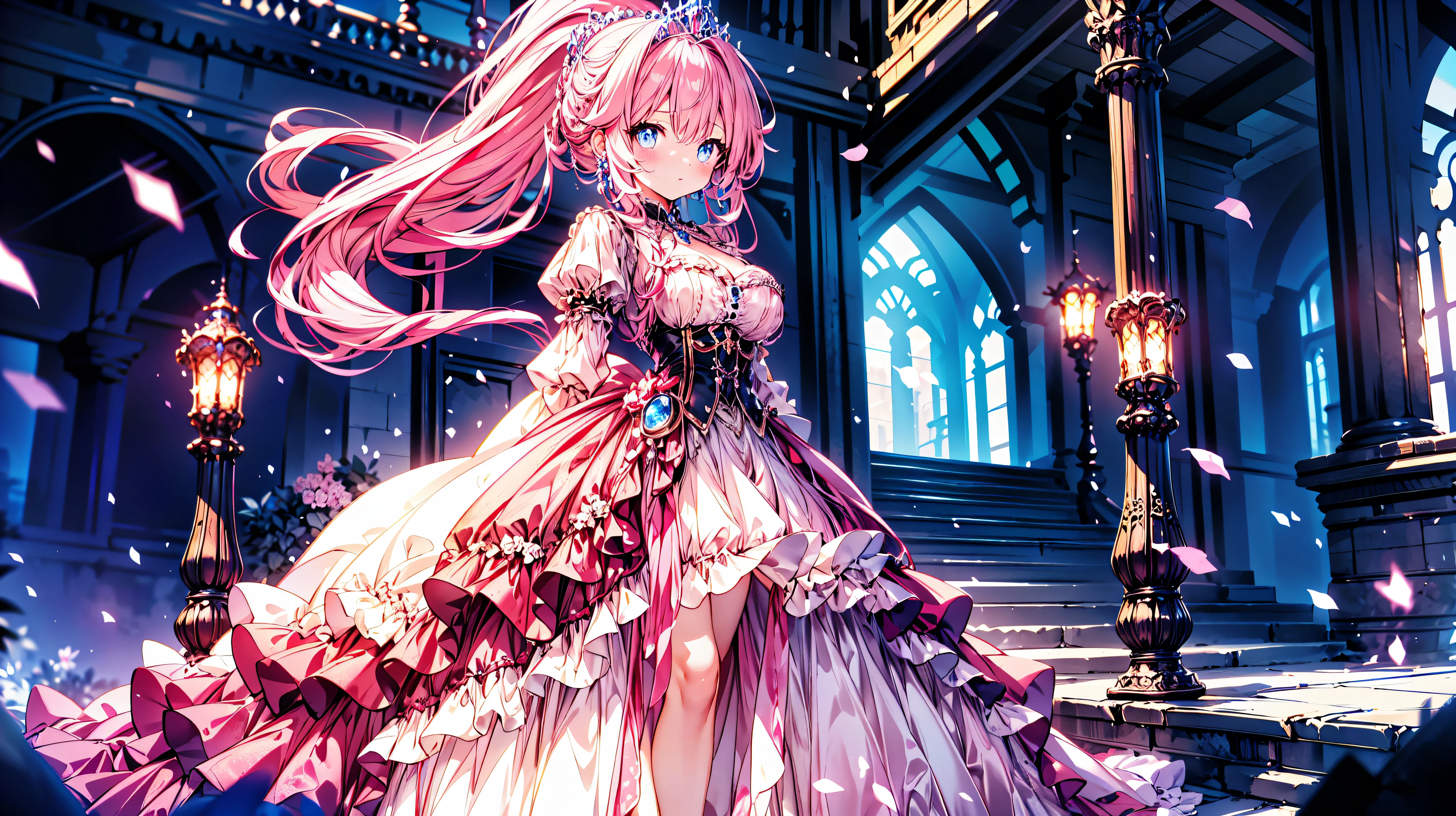 ((Superbly detailed drawing, ultra detailed, exquisite quality, absolutely resolution)), ultra luxurious rococo victorian gown, huge hoop skirt with volume and expanse, princess style skirt with long hems, extremely complex and difficult understand structure, and ultra multi structured ruffles at ultra detailed and beautiful, finest gown,  
BREAK 
(((hair pink hair))), ((fluffy long ponytail)), super voluminous long expressive, asymmetrical bangs, tiara, huge breasts, shy smile, super detailed skin, super delicate and beautiful face, kawaii face, hyper detail face, 
BREAK 
 (eyes blue eyes), (blurry background:1.5), (depth of field), backlighting, caustics, ((fog, fantasy castle)), (dynamic angle:1.3), amazing digital paint, anime moe art style, magnificent panorama view, 
BREAK 
 (((young face solo princess))), ((looking at viewer, looking up, from above, leaning forward, from front view)), (((arms behind back))), ((full body)), 