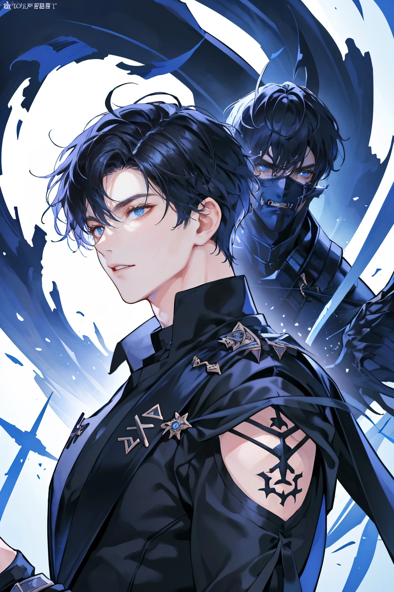 masterpiece，The best，（ perfect face），cartoon，Handsome pose ，handsome guy，Evil Knight，sword，Black mist dazzles ， fashion hairstyle ， Black Short Hair， Perfect composition， dynamic photography