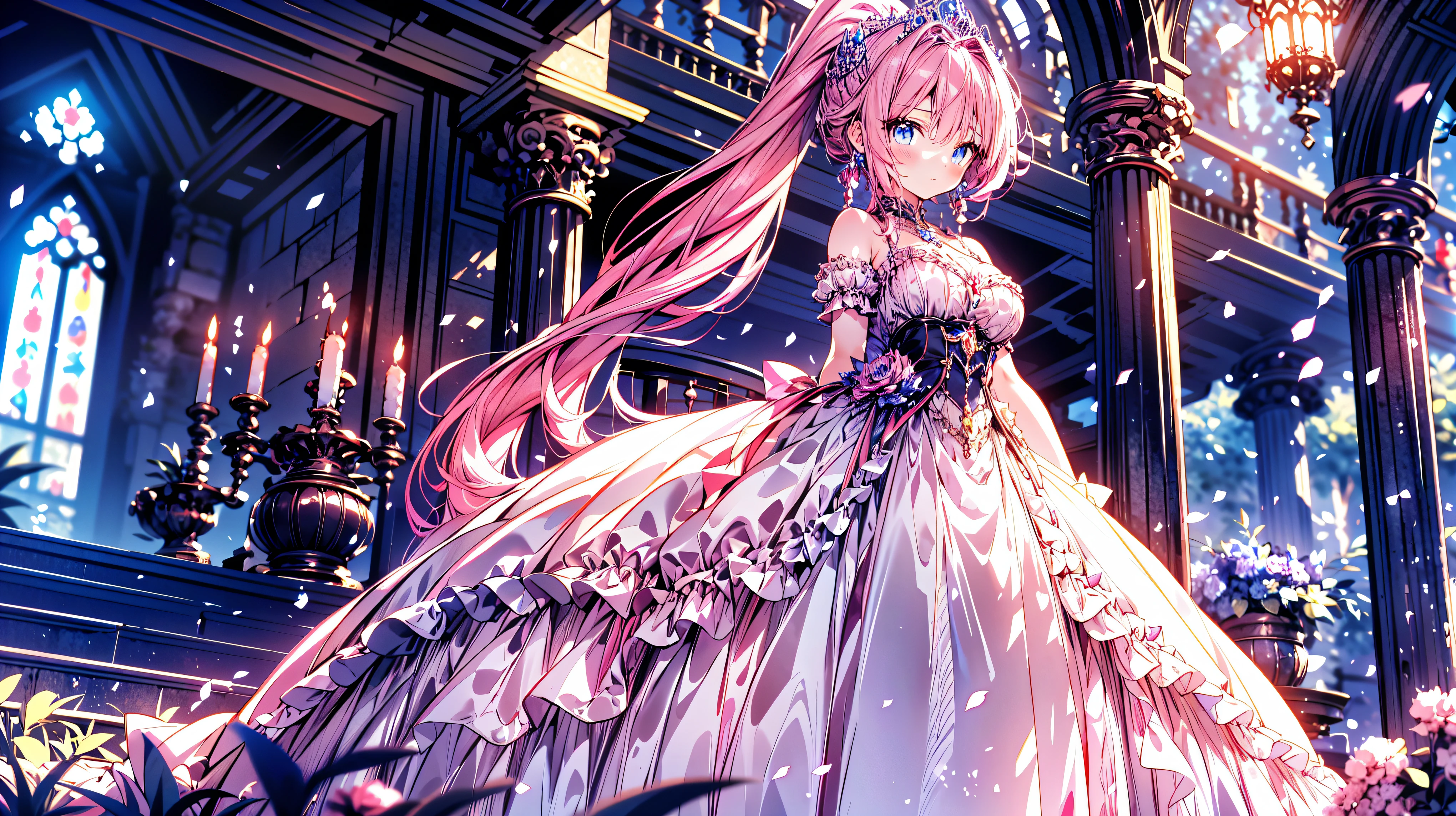 ((Superbly detailed drawing, ultra detailed, exquisite quality, absolutely resolution)), ultra luxurious rococo victorian gown, huge hoop skirt with volume and expanse, princess style skirt with long hems, extremely complex and difficult understand structure, and ultra multi structured ruffles at ultra detailed and beautiful, finest gown,  
BREAK 
(((hair pink hair))), ((fluffy long ponytail)), super voluminous long expressive, asymmetrical bangs, tiara, huge breasts, shy smile, super detailed skin, super delicate and beautiful face, kawaii face, hyper detail face, 
BREAK 
 (eyes blue eyes), (blurry background:1.5), (depth of field), backlighting, caustics, ((fog, fantasy castle)), (dynamic angle:1.3), amazing digital paint, anime moe art style, magnificent panorama view, 
BREAK 
 (((young face solo princess))), ((looking at viewer, looking up, from above, leaning forward, from front view)), (((arms behind back))), ((full body)), 