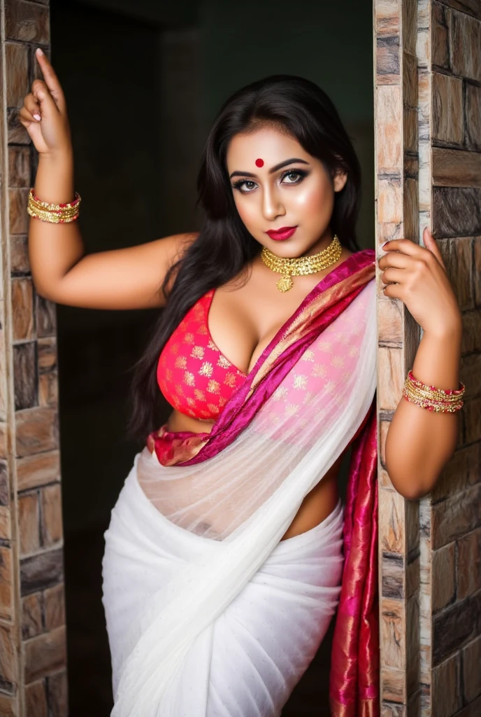 Description:
Picture a stunning Bengali woman with a seductive aura in her mid-20s, exuding confidence and charisma. She wears a classic yet provocative red-and-white saree, styled to reveal her figure, with the saree’s pleats low on her hips to accentuate her hourglass shape and a hint of midriff. The saree fabric is sheer silk, slightly translucent, allowing a subtle glimpse of her toned legs beneath, while the vibrant red border highlights her curves. Her blouse, in a daring zebra print, is form-fitting and low-cut, showing off her ample cleavage with just a hint of lace at the edges for an extra tease.

Her pallu drapes loosely over her shoulder, cascading down her side, with one end pulled back across her chest in the traditional Bengali style but adjusted to enhance her curves in an enticing way. Her posture radiates sensuality, with her hip slightly cocked, giving her stance a sultry, unapologetic confidence.

Accessories & Makeup:
Her eyes are bold and inviting, lined with dark kohl that enhances her intense gaze. She has a rich, crimson lipstick that perfectly complements her smoldering look, and a large red bindi that draws attention to her expressive face. Her long, wavy black hair is styled with a slight messy charm, cascading down her bare back, adding to her untamed allure.

She accessorizes with traditional gold bangles and anklets, but with a hint of modern edge: one ankle has a delicate chain that adds a playful touch. Her neckline is adorned with a gold choker that emphasizes her collarbones, while gold hoop earrings dangle just enough to brush her shoulders with each movement. Her fingers are adorned with a few statement rings, completing her look with just a hint of rebellious charm.

Pose & Setting:
She’s leaning against an old, wooden doorframe of a traditional Bengali house, adding a touch of rustic charm to the scene. One hand rests on her hip while the other lightly holds the end of her pallu, her fingers suggestively playing with the fabric