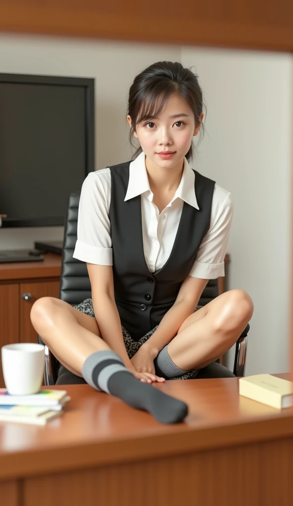 A 25-year-old woman in a white nurse uniform sits with her legs apart, Exposing panties. nurse ÉO H15, Wearing short white socks, Wearing nurse clothes, nurse, nurse girl, Wear short socks, Sitting in thigh-high socks, Wearing a pink blouse,
.