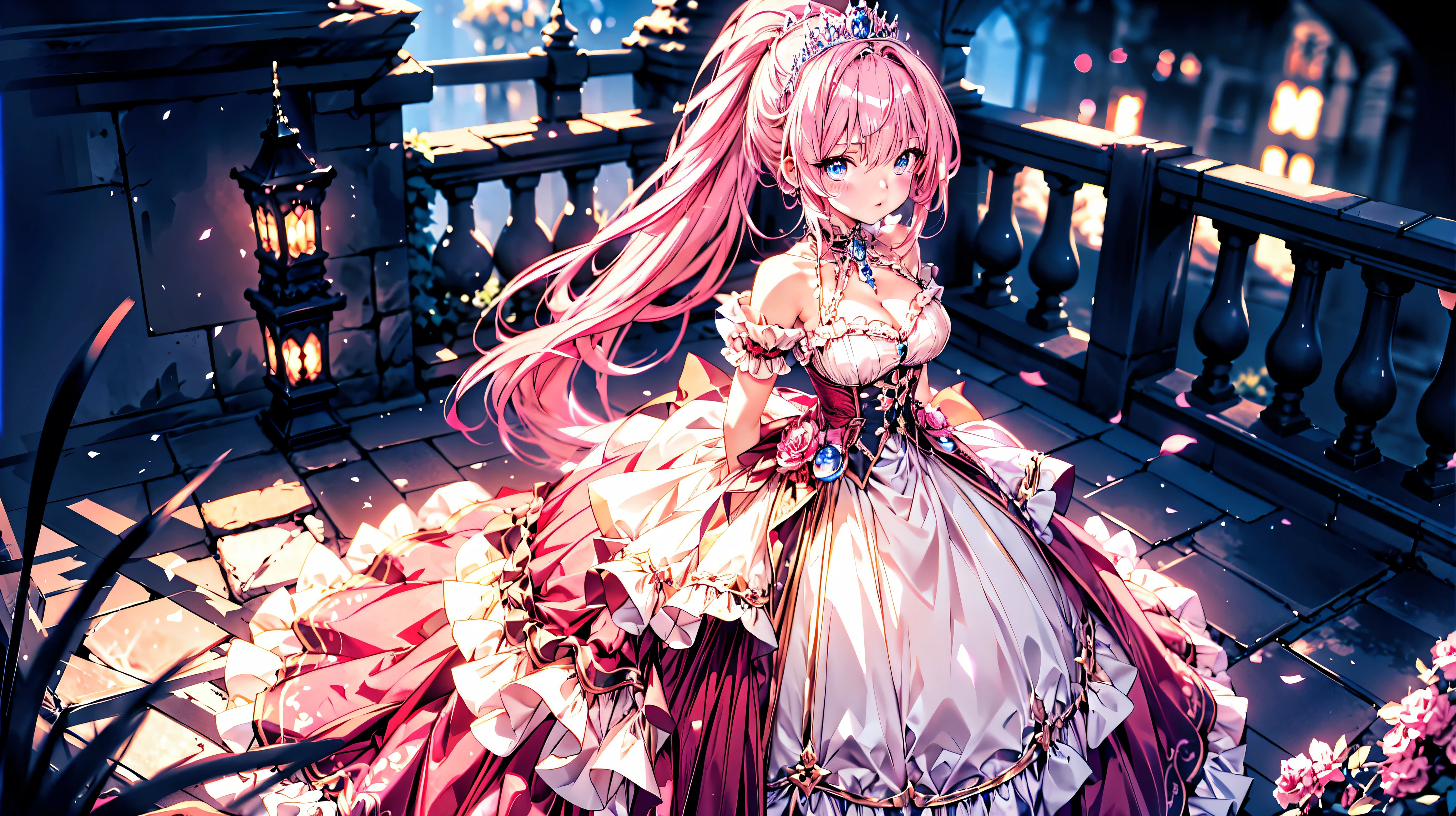 ((Superbly detailed drawing, ultra detailed, exquisite quality, absolutely resolution)), ultra luxurious rococo victorian gown, huge hoop skirt with volume and expanse, princess style skirt with long hems, extremely complex and difficult understand structure, and ultra multi structured ruffles at ultra detailed and beautiful, finest gown,  
BREAK 
(((hair pink hair))), ((fluffy long ponytail)), super voluminous long expressive, asymmetrical bangs, tiara, huge breasts, shy smile, super detailed skin, super delicate and beautiful face, kawaii face, hyper detail face, 
BREAK 
 (eyes blue eyes), (blurry background:1.5), (depth of field), backlighting, caustics, ((fog, fantasy castle)), (dynamic angle:1.3), amazing digital paint, anime moe art style, magnificent panorama view, 
BREAK 
 (((young face solo princess)), ((looking at viewer, from above, leaning forward)), ((front view)), (((arms behind back))), ((full body)), 