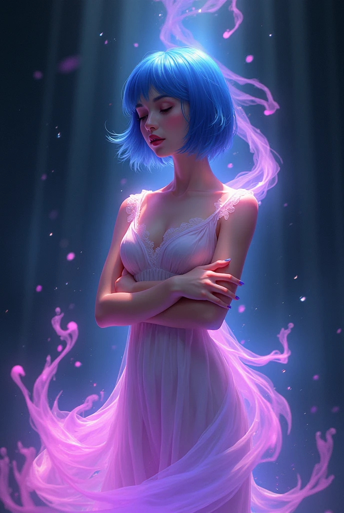 Create a girl with short blue hair and closed eyes, posed gracefully with their arms crossed in front of them. Their form appears to dissolve and blend into swirling, fluid shapes in hues of pink, purple, and blue, giving a sense of transformation or merging with the surrounding space. The background is dark, enhancing the glowing effect of the vibrant, flowing colors around the figure, creating a dreamlike, almost otherworldly ambiance.