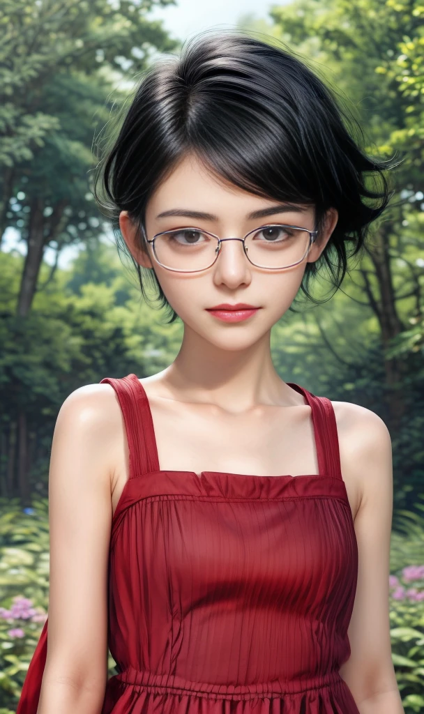 masterpiece, best quality, (realistic, photo-realistic:1.4), (RAW photo:1.2), extremely detailed CG unity 8k wallpaper, delicate and beautiful, amazing, finely detail, official art, absurdres, incredibly absurdres, huge filesize, ultra-detailed, extremely detailed, extremely detailed girl, extremely detailed eyes and face, light on face,little smile,black hair,black eyes,short hair,(wearing red framed glasses:1.3),ruins background