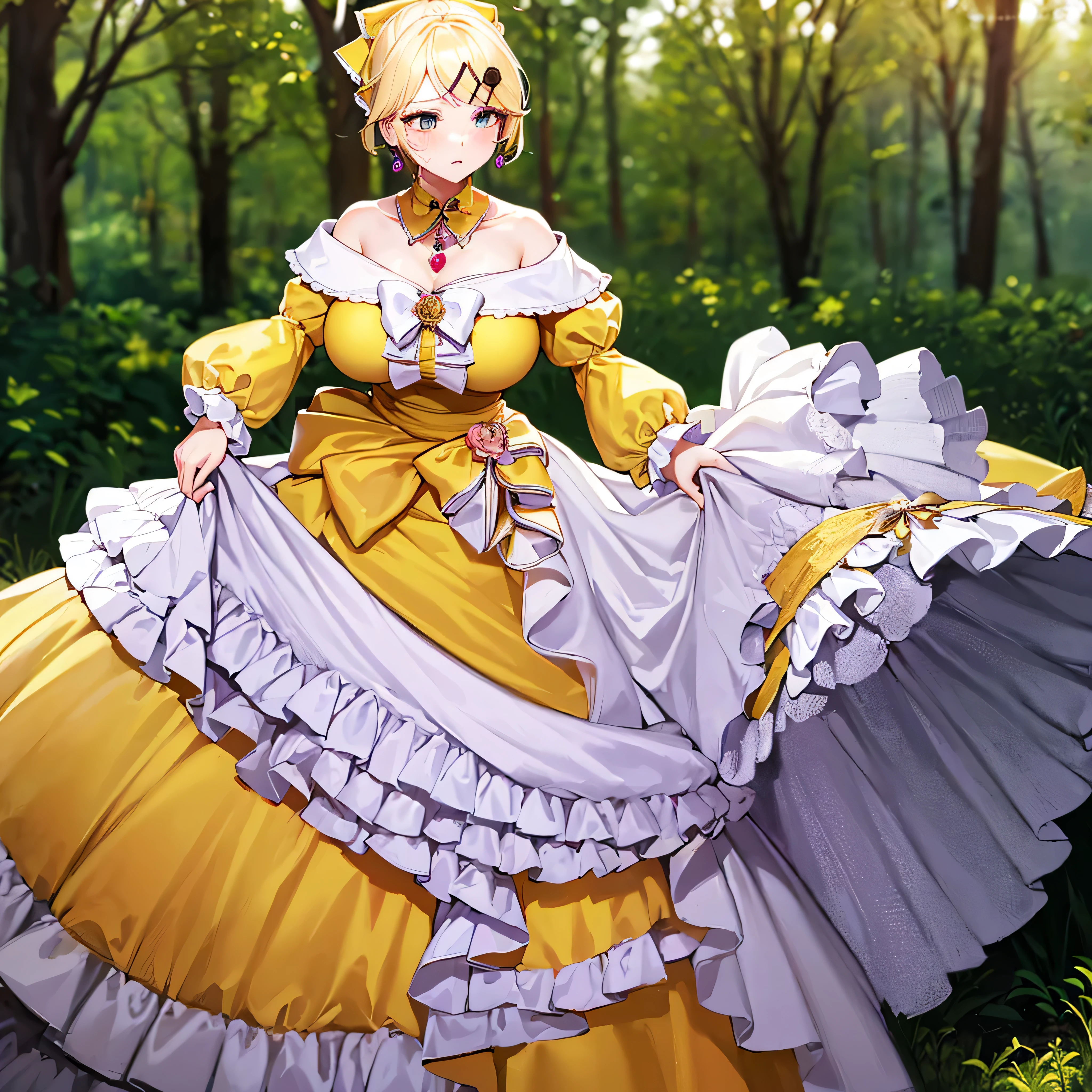 (1位有 huge breasts ， Princess wearing a gorgeous yellow Rococo long-sleeved dress)，bow, bracelet, dangle earrings, detached collar, dress, (yellow dress:1.5), dress bow, earrings, flower, flower brooch, frilled dress, frills, gown, hair bow, hair ornament, hairclip, jewelry, long sleeves, necklace, off shoulder, off-shoulder dress, during, sash, wide sleeves,whole body，alone，( huge breasts ， Full Chest ，L Cup )， Very Long Hair ，(Very wide skirt，Hoop Skirt,petticoat)，The expression is afraid，cry，blush， standing on the grass at night， Looking at Audience 