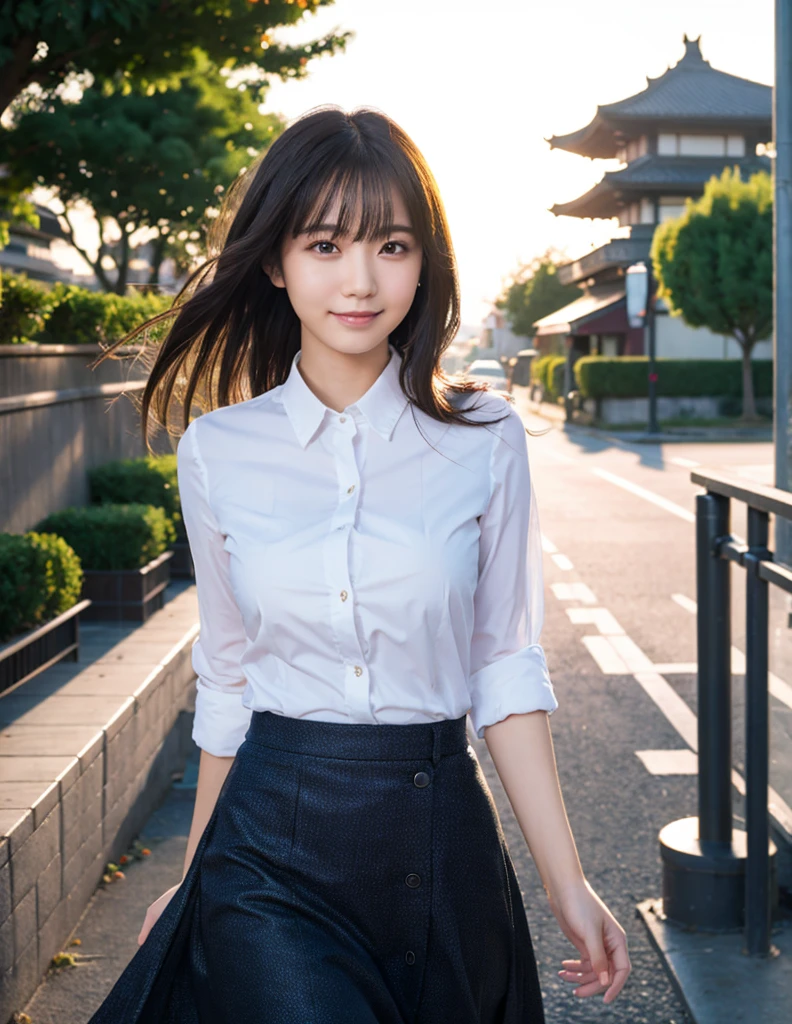 ((top-quality、8K、​masterpiece))、Spring scenery、Cute Japan woman in short cut、Spring girl uniform、foco nítido、Beautiful woman with perfect body shape、Slim abs、((Wet White Button Long Shirt、)street、wetbody、Highly detailed facial and skin texture、A detailed eye、二重まぶた、Beautiful breasts、A slight smil