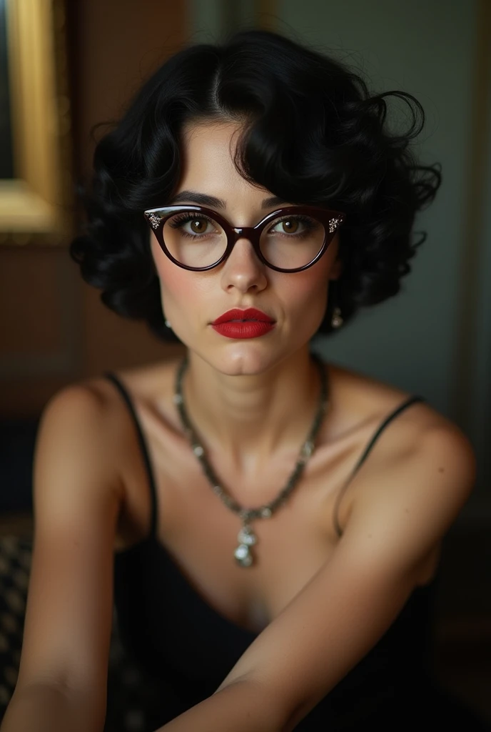
vintage glaring bloom 1940s colour traditional sophisticated graceful stunning alluring model trophy wife female with formal dress , bangs hairstyle with formal posture very exquisite quaint elegant with glasses in her 1940s house warm color palette