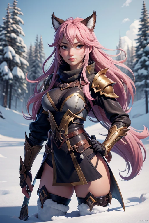 1 girl, (alone:1.3), ,((best quality)), ((masterpiece)), (detailed), perfect face, elf, young,  forest,  big breasts, sword , warrior ,snow,mauve red hair, braid, ,sexy ,pink eyes 