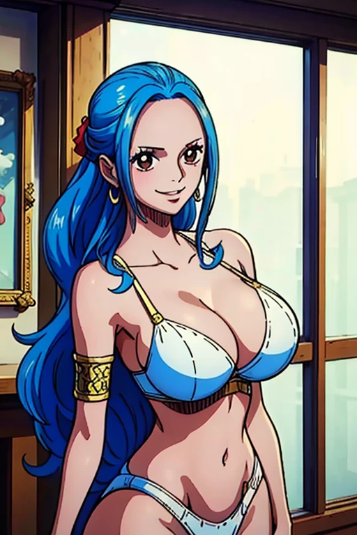( masterpiece,Best Quality, 4K, 8k,  high definition, masterpiece:1.2), Super detailed, (Realistic, photoRealistic, photo-Realistic:1.37) ,Generate an anime style for Nefertari Bibi in One Piece, must be made in an anime style ,Her hair is bright light blue , Beautiful Hair,Braiding, beautiful details in her eyes , (Realisticな肌),Beautiful Skin, Beautiful lipstick,Beautiful Lips, Charming,smile,beautiful brown eyes,( lingerie,underwear exposes stomach ),Wet bare skin, looking at the camera,( crystal spot 1.4),sea,アートスタイルはCharmingなアニメスタイルに似ている, rendering, Added HDR to enhance visual effects, 超 high definition,  studio lighting,  ultra-fine painting, Sharp focus, 物理ベースrendering, professional,  vibrant colors,(((Best Quality))), ((Super detailed)),((masterpiece:1.5)), Detailed Photos, (Best Quality: 1.4), 超 high definition, High image quality,Perfect fingers,Perfect limbs,Perfect Fingers 