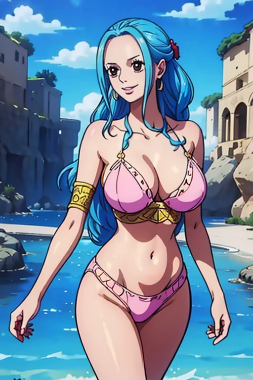 score_9, score_8_up, score_7_up, source_anime, best quality, solo, clear face, St. Louis, blue hair, long hair, large breasts, perfect body, looking at viewer, smile, slave, shiny blue slave bikini, in the beach, standing, dynamic angle, high leg thong, from behind, big ass, wide hips, low angle, navel piercing, Jabba the Hutt licking her face, couple