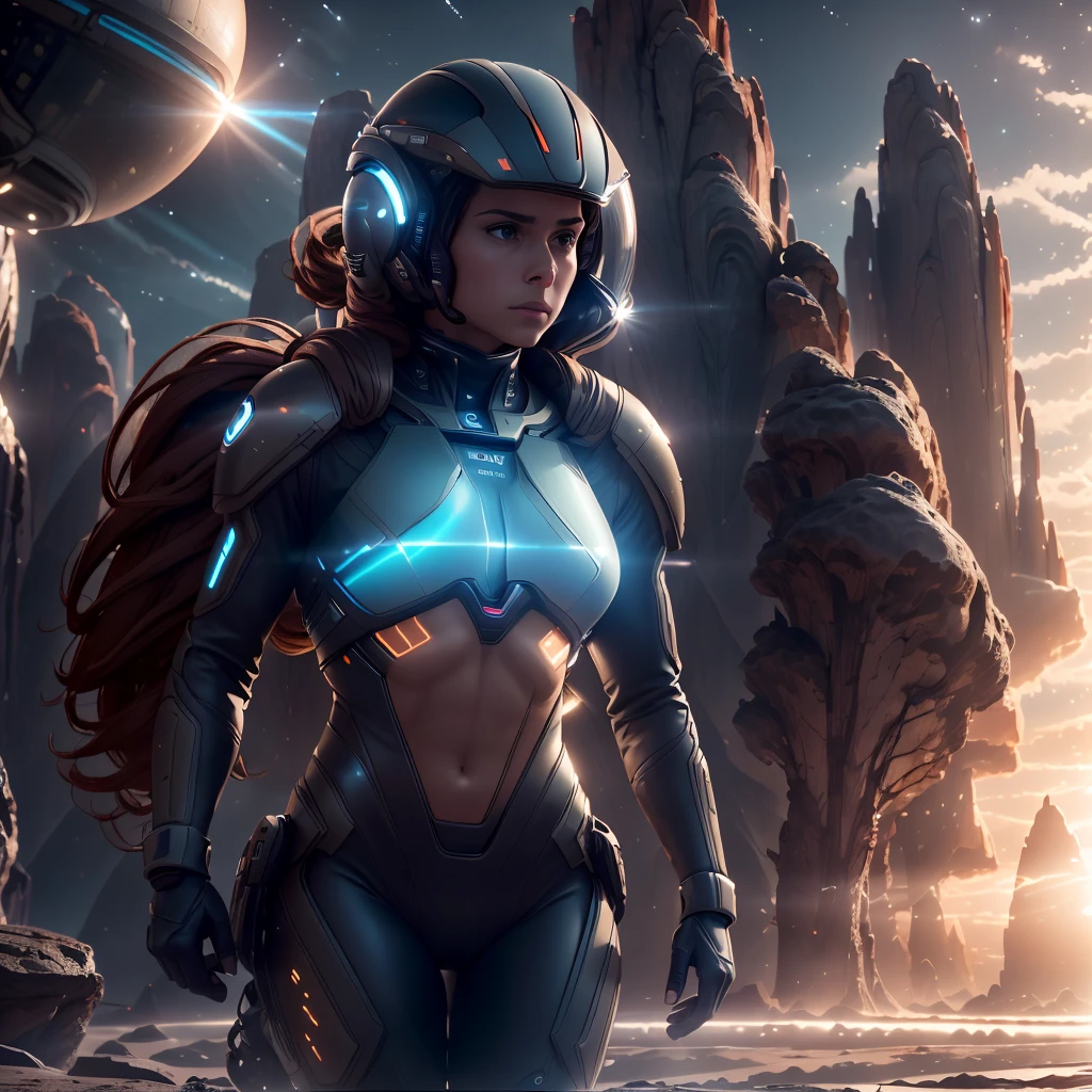 A stunning woman walking through a futuristic desert, reAlistic style, surrounded by various colorful fumes and mist. A portal looms in the background, bathed in vibrant, vivid hues. The scene is filled with light particles, creating a mesmerizing glow. The artwork features complex details, utilizing the incredible Octane Render engine. Inspired by Greg Rutkowski's signature style, this piece showcases a hauntingly beautiful digital art composition in 4K resolution. The Octane Render brings out an astonishing level of detail and aesthetic, with physically accurate lighting and textures, creating a captivating and immersive visual experience.
