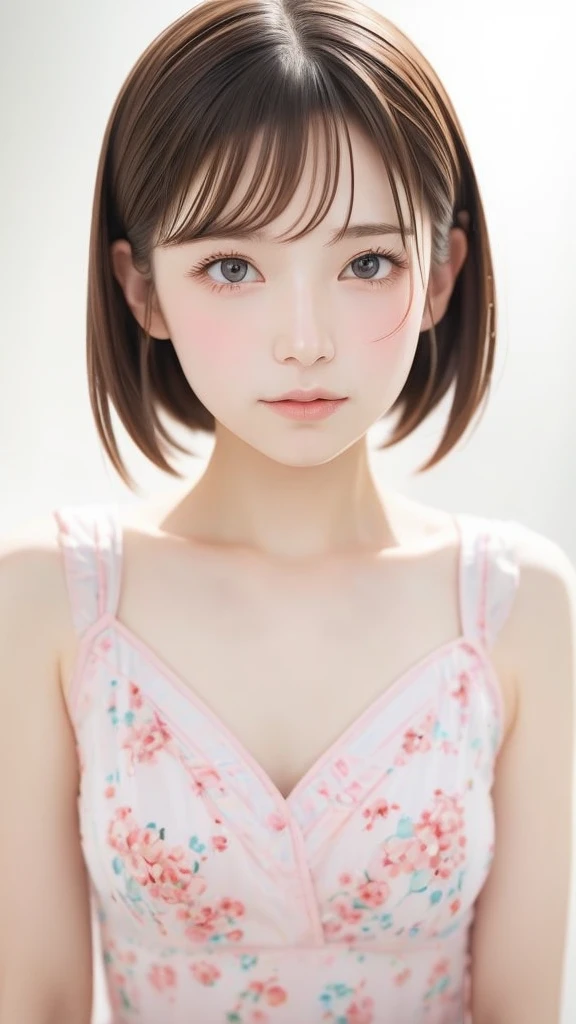 女の子1人、Whole human body、Whole human body（6.8 head body）、Height 153 cm、beauty legs、Female about 14 years old、Idol girl、Orange eye makeup、Small（B Cup）、hairstyle on（black har、Well-formed bob cut）、petite figure、mini-skirts、a photo、lightly clothed、realisticlying、最好质量、adopt、detailed faces、depth of ﬁeld、Bokeh