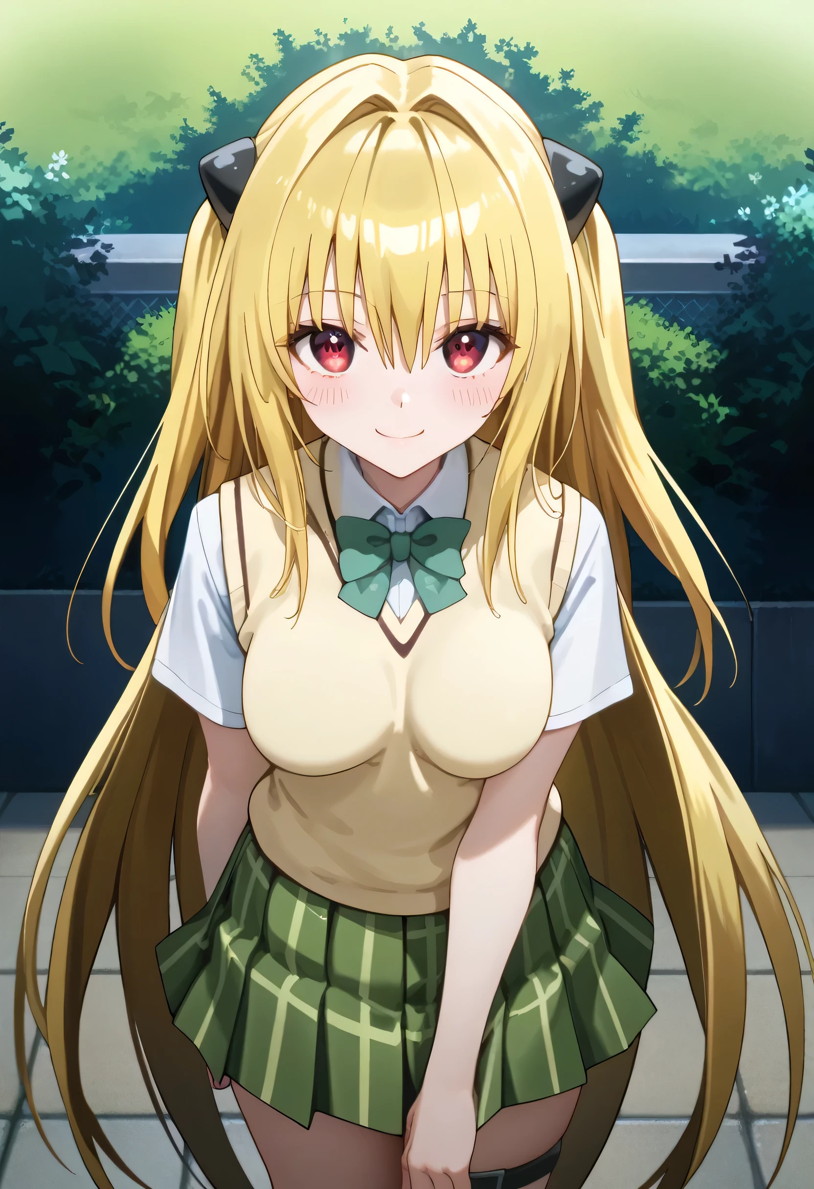 score_9,score_8_up,score_7_up,solo,outdoors,upper body,(portrait:1.5),looking at viewer,facing viewer,smile,blush,Konjiki no Yami,very long hair,blonde hair,two side up,hair ornament,hair intakes,hair between eyes,bangs,red eyes,school uniform,sweater vest,yellow vest,white shirt,collared shirt,green bowtie,short sleeves,medium breasts,miniskirt,green skirt,plaid skirt,pleated skirt,thigh strap,black socks,loafers