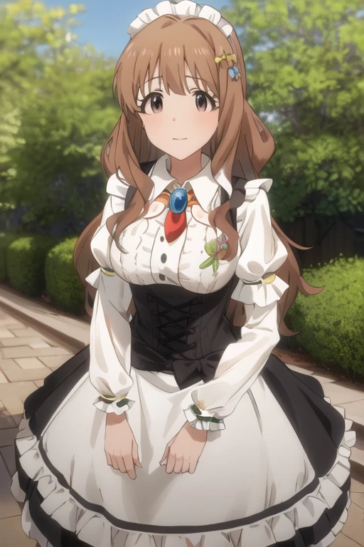 masterpiece, Best Quality,  high definition,,  The Idolmaster,  single hair bun, Maid headdress,  side lock, Glasses, frills, brooch, Maid,  black dress,  puff sleeve,  long sleeve , Maid apron,  White Apron , garden,  is standing,  Cowboy Shots ,