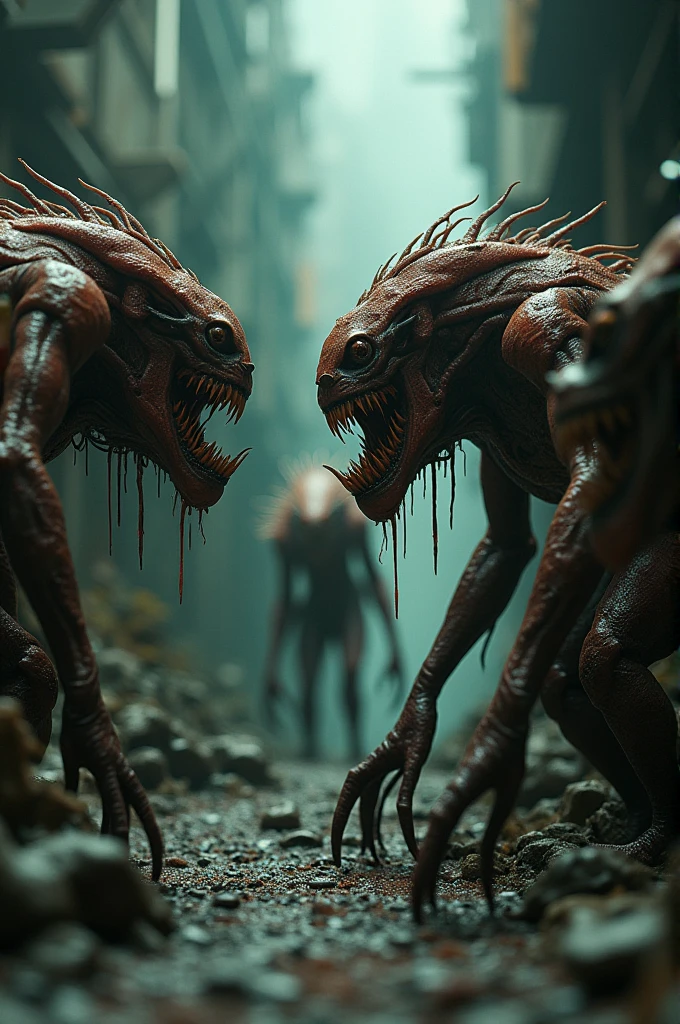 A striking cinematic sci-fi scene featuring a close-up of grotesque alien creatures and insect-like monsters gathered around a table. They are devouring a variety of strange, otherworldly animals, with sharp claws and mouths dripping with slimy saliva. The table is adorned with futuristic silverware and a backdrop of neon lights and advanced technology. The overall atmosphere is dark, eerie, and intense, with a sense of tension and danger., cinematic