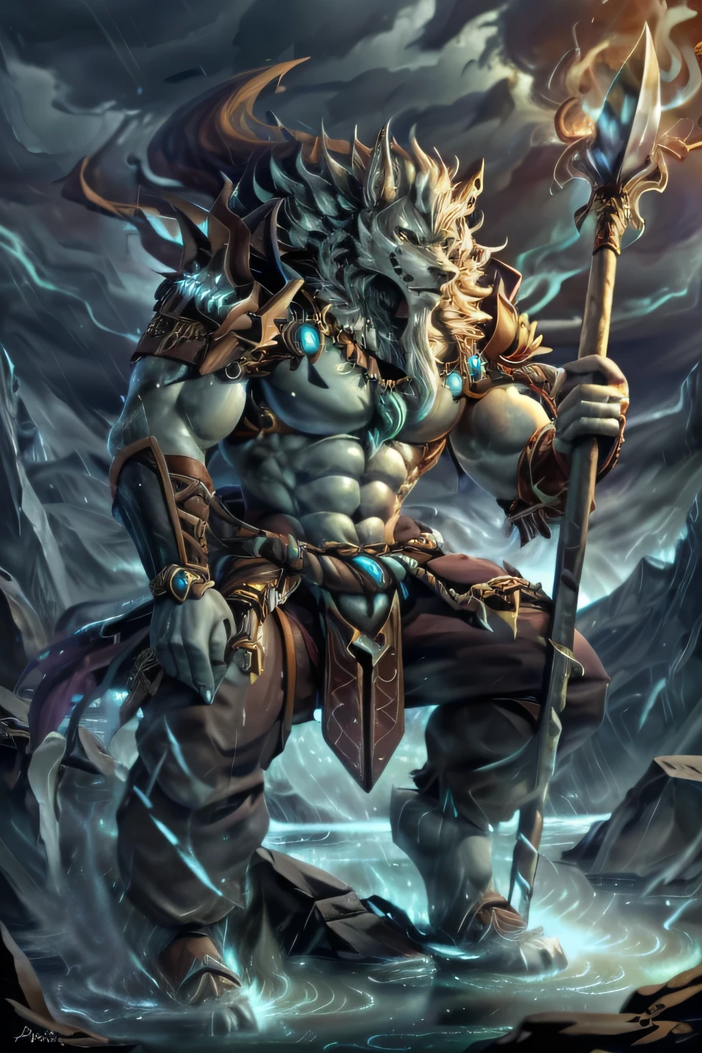 Tempest Lord of Storms, Muscular, Mantle of storms, Mountain forest, 4k, High Quality, Looking at viewer, Full Body, Epic armor, Detailed Face, Detailed Body, Epic Spear, 