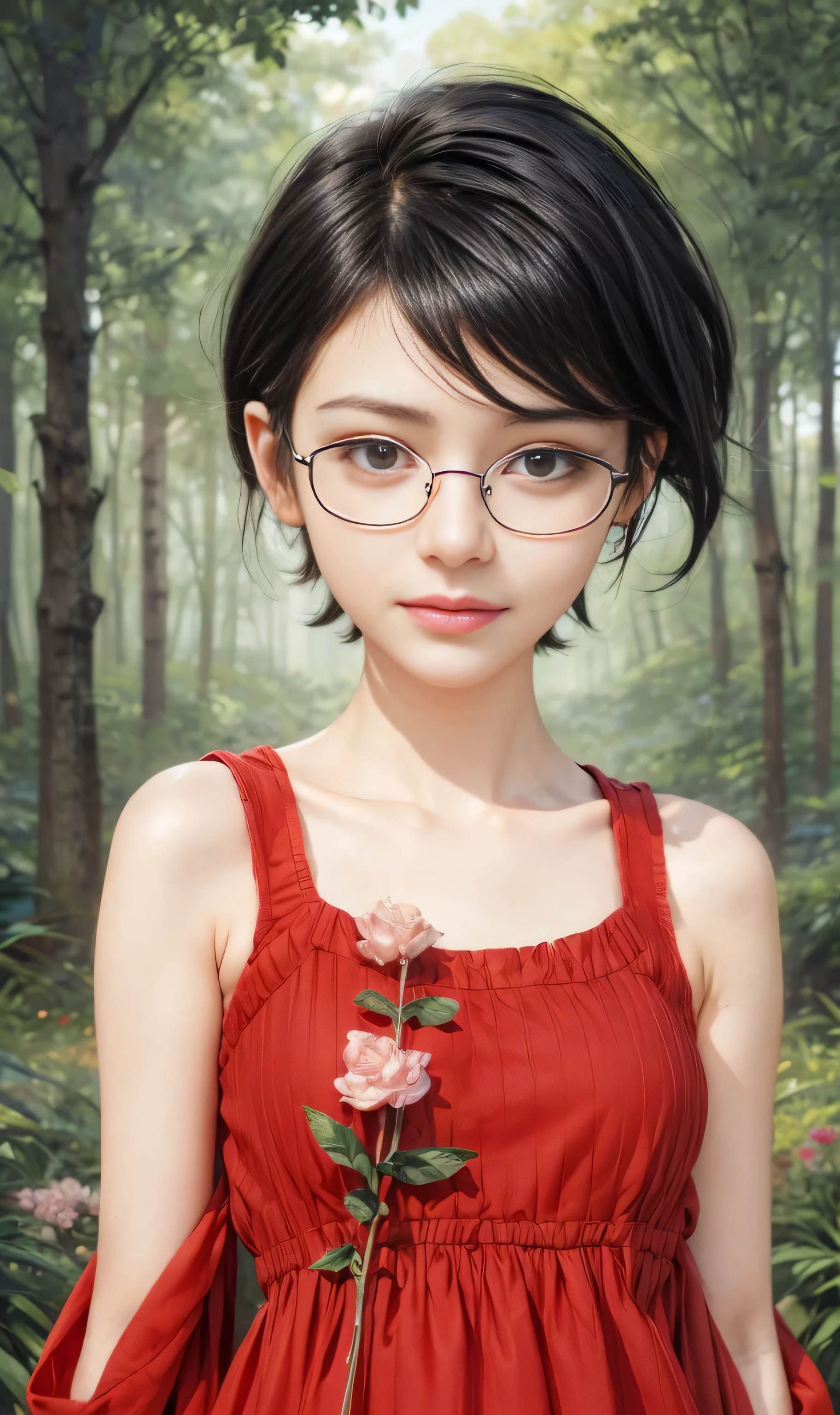 masterpiece, best quality, (realistic,photo-realistic:1.4), (RAW photo:1.2), extremely detailed CG unity 8k wallpaper, delicate and beautiful, amazing,finely detail, official art, absurdres, incredibly absurdres, huge filesize, ultra-detailed,extremely detailed eyes and face,light on face,(little smile),(wearing black framed glasses:1.5),sarada,(black hair:1.4),(very short hair:1.4),(wearing dress:1.5),(nature background:1.4)