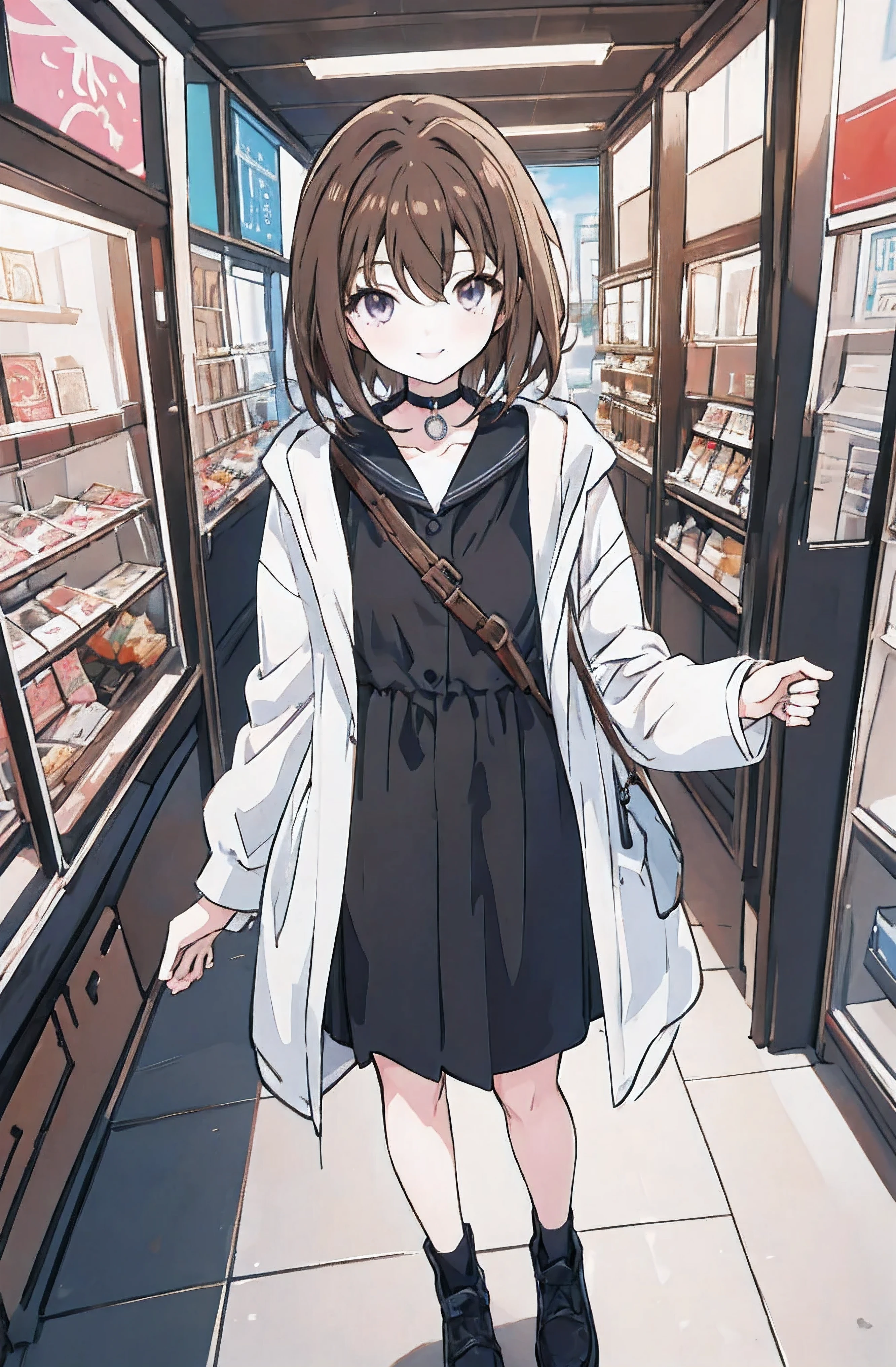 1girl, anime_coloring, black_eyes, brown_hair, choker, short_hair, smile, solo, style_parody,