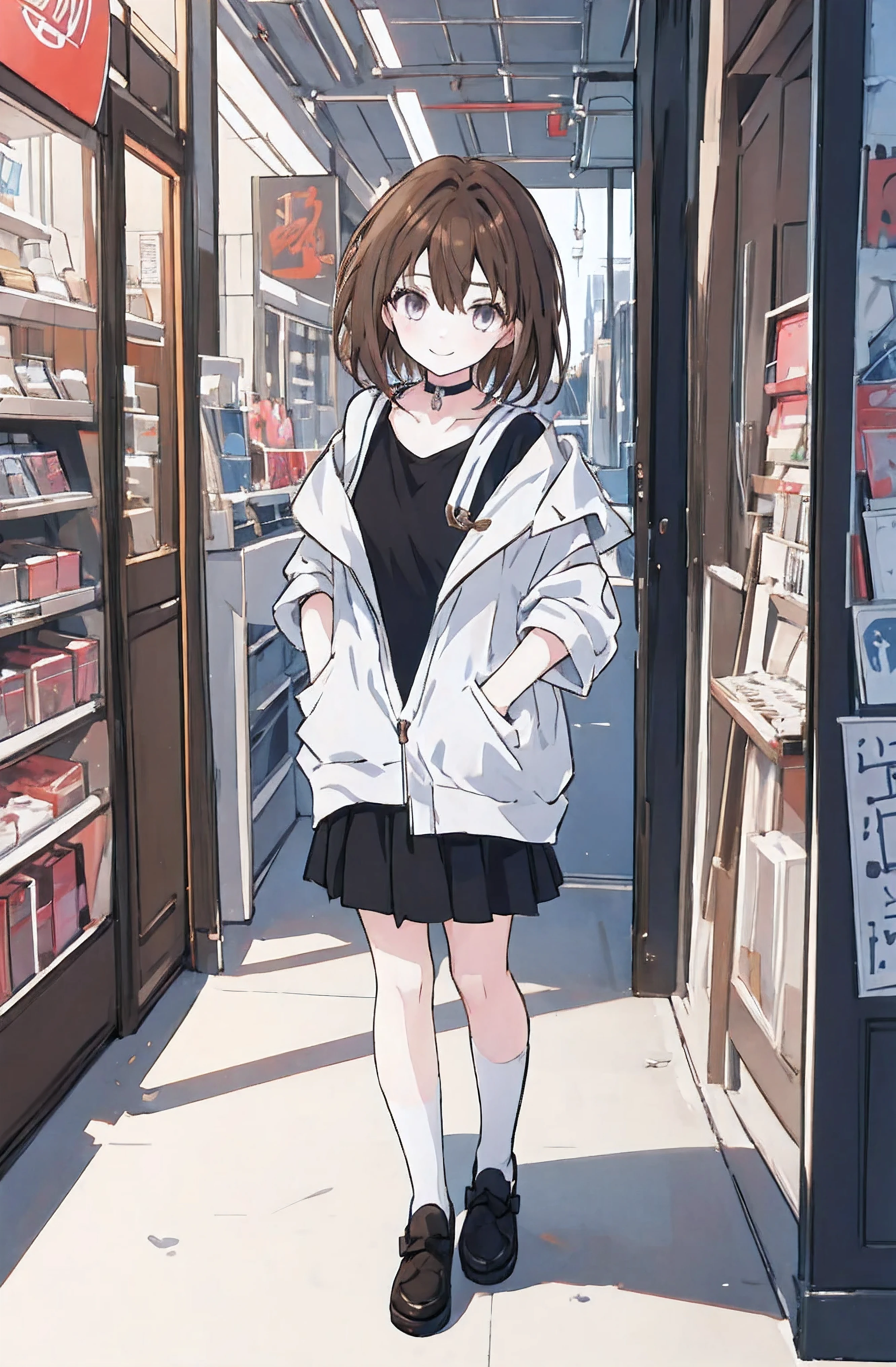 1girl, anime_coloring, black_eyes, brown_hair, choker, short_hair, smile, solo, style_parody,