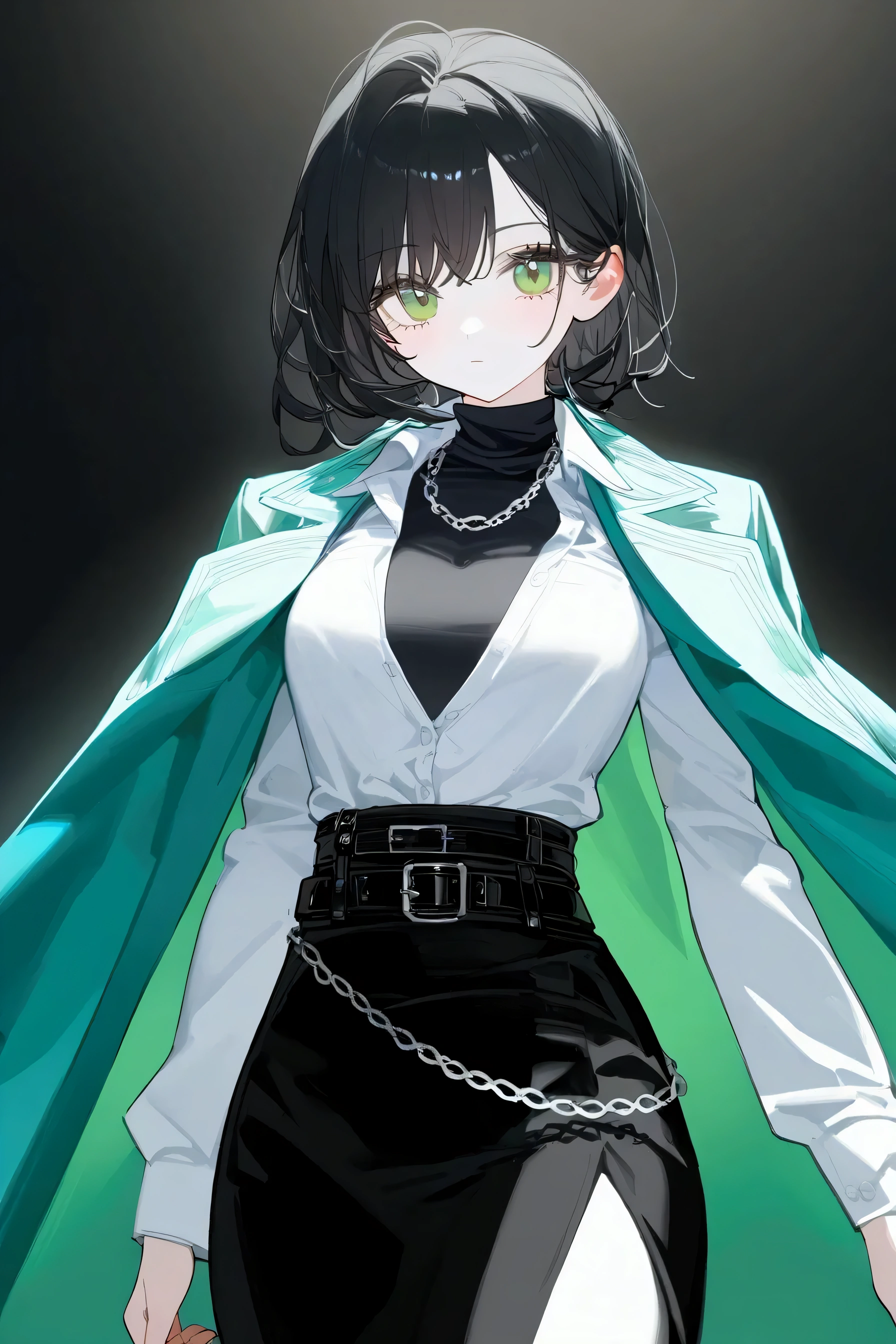 1girl, actress, black hair, green eyes, pale skin. A black turtleneck is tucked under a black skirt with a belt, a silver chain is around her neck, and an unbuttoned white shirt is draped over her shoulders. black heeled boots.