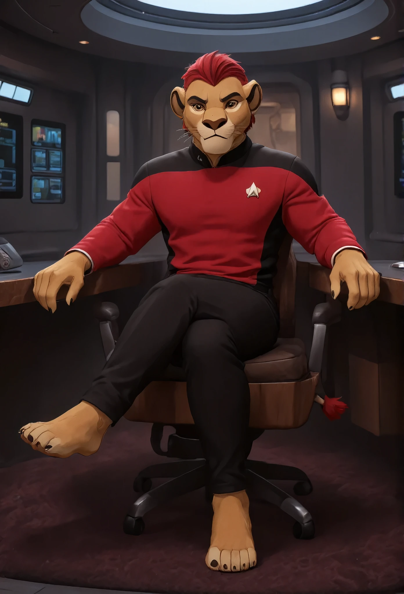 (((Barefoot furry character, full body, cinematic setting, furry boy, anthro lion, plantigrade))), (((anime))). beefy, muscular (((Kion))), (((younger Kion wearing red TNG uniform))), black shoulders, black pants, focused, determined, ((nice detailed feet paws with claws))), (((four toes))), short red hair, red tip of a tail, (((correct anatomy))) (((sitting in captain chair in command center of starship, bridge of the starship))), (((showing his soles to viewer))), feet towards viewer. BREAK, intricate details, highly detailed, extreme detail, octane render, fine art, best quality, highres, (detailed face:1.5), ((full_body)), UHD, (((perfect hands))), ((low light:1.5))