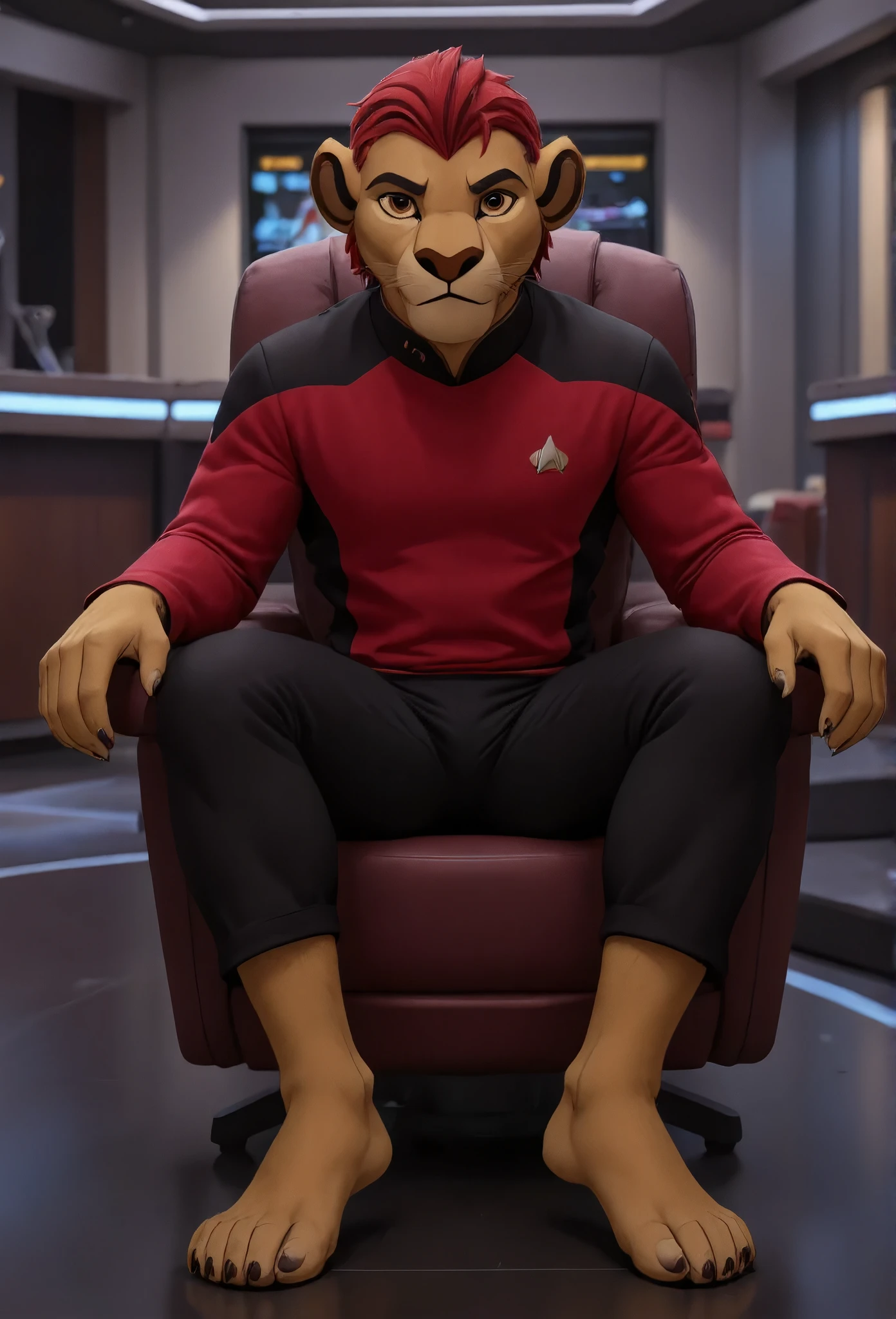 (((Barefoot furry character, full body, cinematic setting, furry boy, anthro lion, plantigrade))), (((anime))). beefy, muscular (((Kion))), (((younger Kion wearing red TNG uniform))), black shoulders, black pants, focused, determined, ((nice detailed feet paws with claws))), (((four toes))), short red hair, red tip of a tail, (((correct anatomy))) (((sitting in captain chair in command center of starship, bridge of the starship))), (((showing his soles to viewer))), feet towards viewer. BREAK, intricate details, highly detailed, extreme detail, octane render, fine art, best quality, highres, (detailed face:1.5), ((full_body)), UHD, (((perfect hands))), ((low light:1.5))