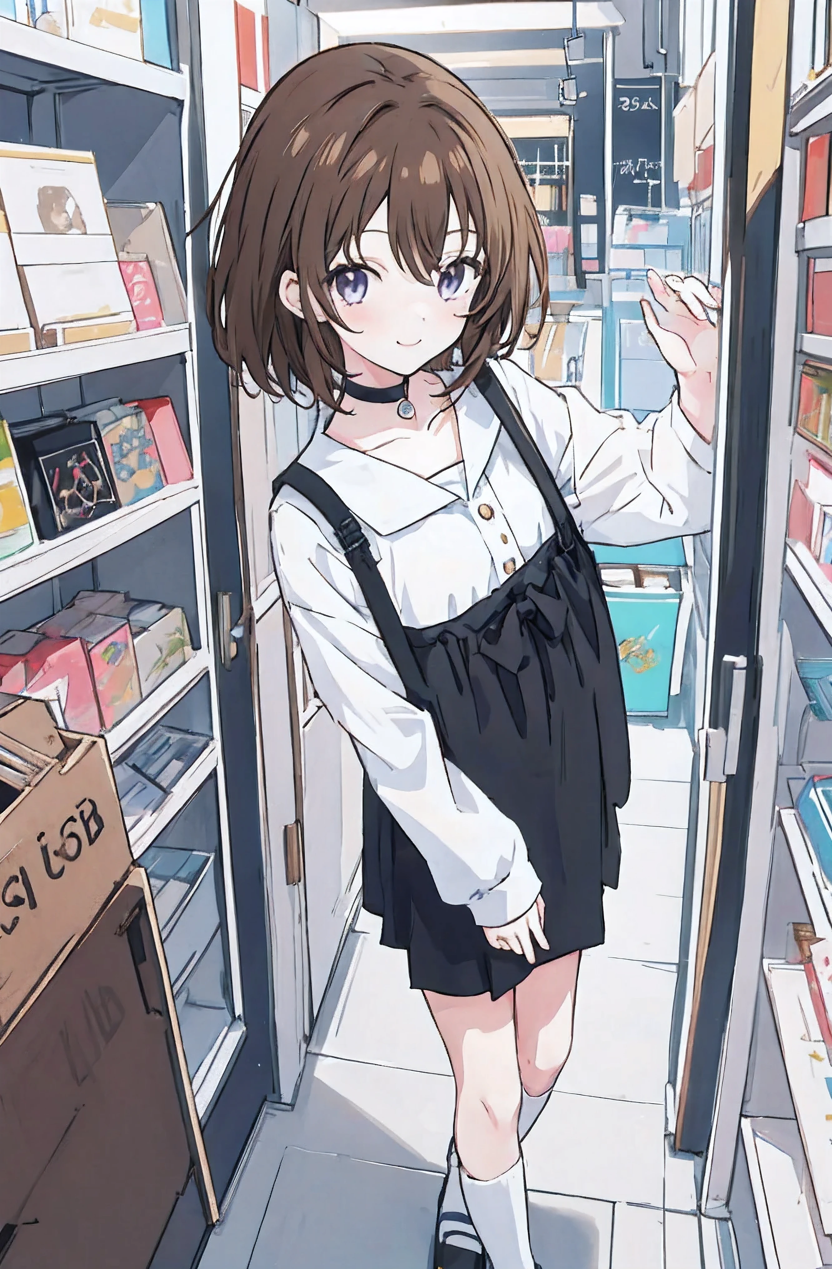1girl, anime_coloring, black_eyes, brown_hair, choker, short_hair, smile, solo, style_parody,