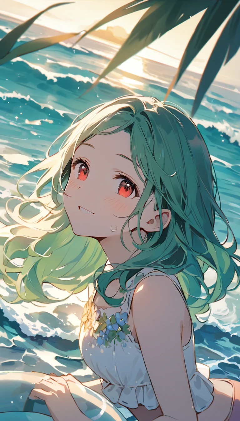 (((Young Girl)))、(( 1 girl)),( Red Eyes),（Short stature）,(Slanted Eyes),(( emerald green hair ))、( bun hair)、Young appearance、(( swimsuit))、In the water、One side of the sea、(((Girl ride on the innertube)))、Vector art、spirit of the wind、Backlight、Bright in backlight、Sun behind、Summer sky、cumulonimbus、Narrowed eyes and a happy look、cheek、The waves splash and the water shines beautifully.