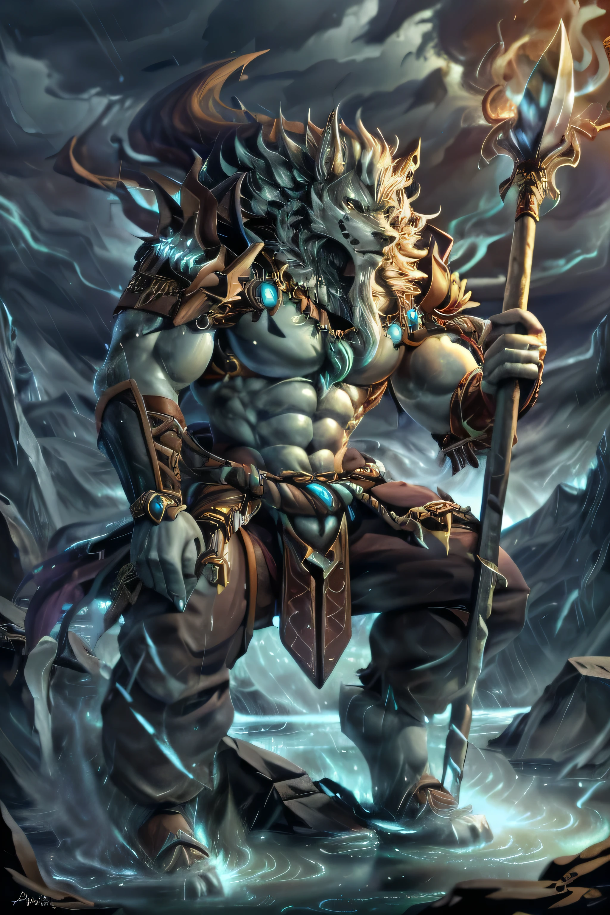 Tempest Lord of Storms, Muscular, Mantle of storms, Mountain forest, 4k, High Quality, Looking at viewer, Full Body, Epic armor, Detailed Face, Detailed Body, Epic Spear, 