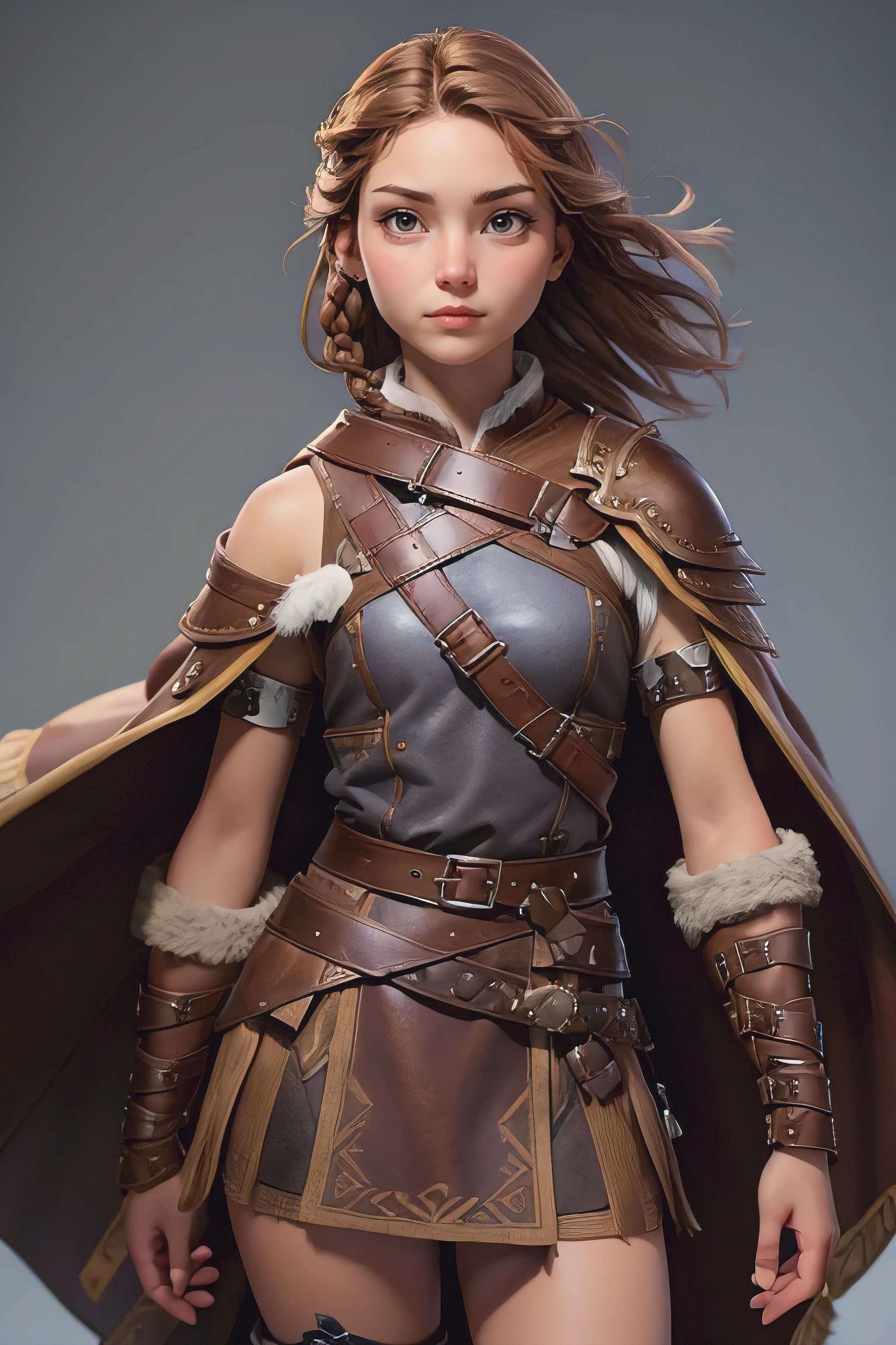( masterpiece , The best quality ) (young warrior woman of nordic descent), (Brown eyeuscular), (fur skirt), (short skirt) (Brown hair color),(loose hair with small braids on the scalp), (leather strap top) feathers, cape over the shoulder, bufas, (blue, gray and brown suit).