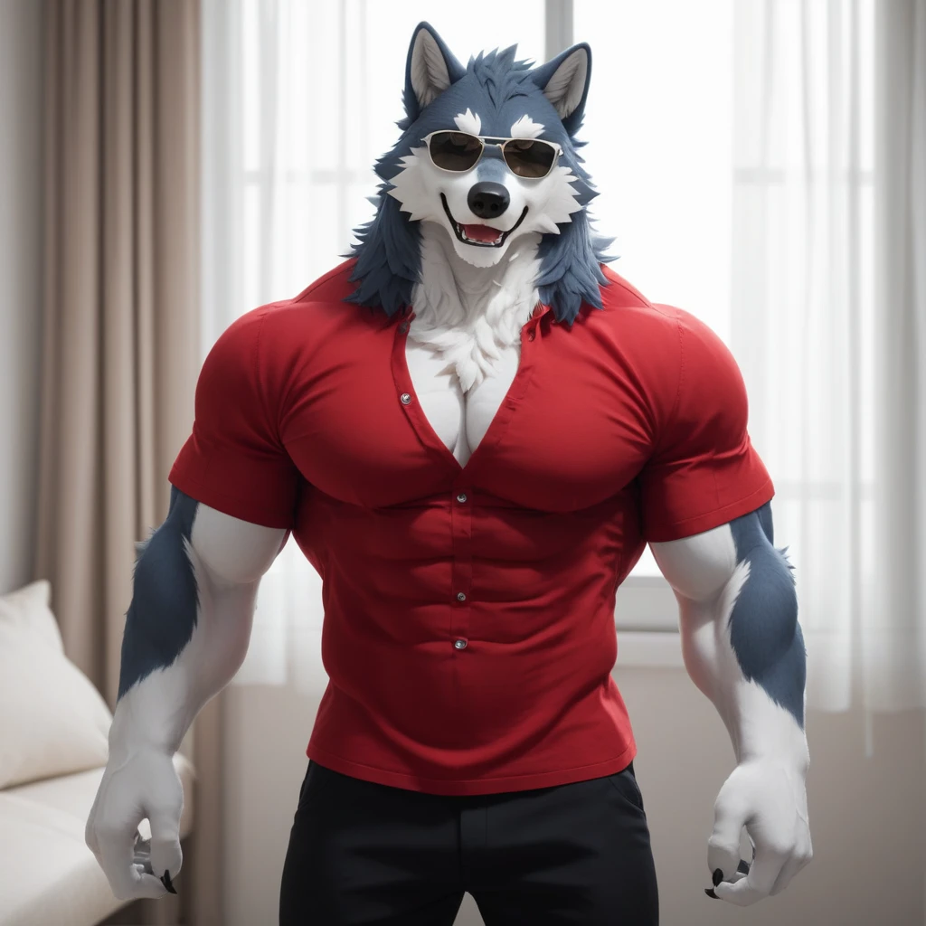 score_9, score_8_up, score_7_up, highly detailed 3D representation of a muscular male wolf in a fursuit, wearing a red shirt, black pants and sunglasses. The scene takes place in a quiet, dimly lit room, with a window with white curtains in the background. The wolf is standing alone, fully concentrated on look at the viewer, giving the scene a friendly vibe. His muscular physique is accentuated by the red shirt, and his sunglasses give him a charming appearance. The lighting should be cinematic, in Hollywood live-action style, with soft shadows and warm tones that enhance the quiet atmosphere. The wolf's gaze is fixed on the viewer, with his expression showing deep focus, while everything around him is in total silence, creating a strong contrast in the quiet setting."