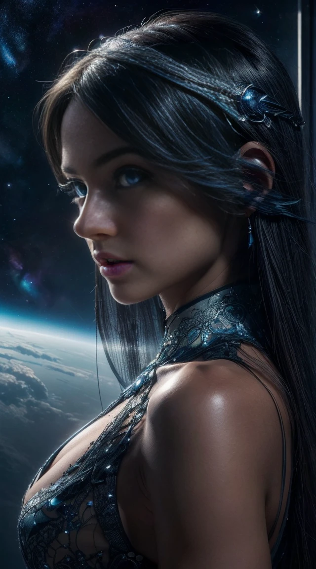 (Best quality:1.3), (Best Performance:1.2), (Artistic Cinematographic Lighting:1.2) (1 person), futuristic city against the backdrop of a giant planet, Girl without clothes, there are no clothes, Hair fluttering in the wind, blue eyes, There are no panties, hands are lowered and crossed behind the back, facial disturbance